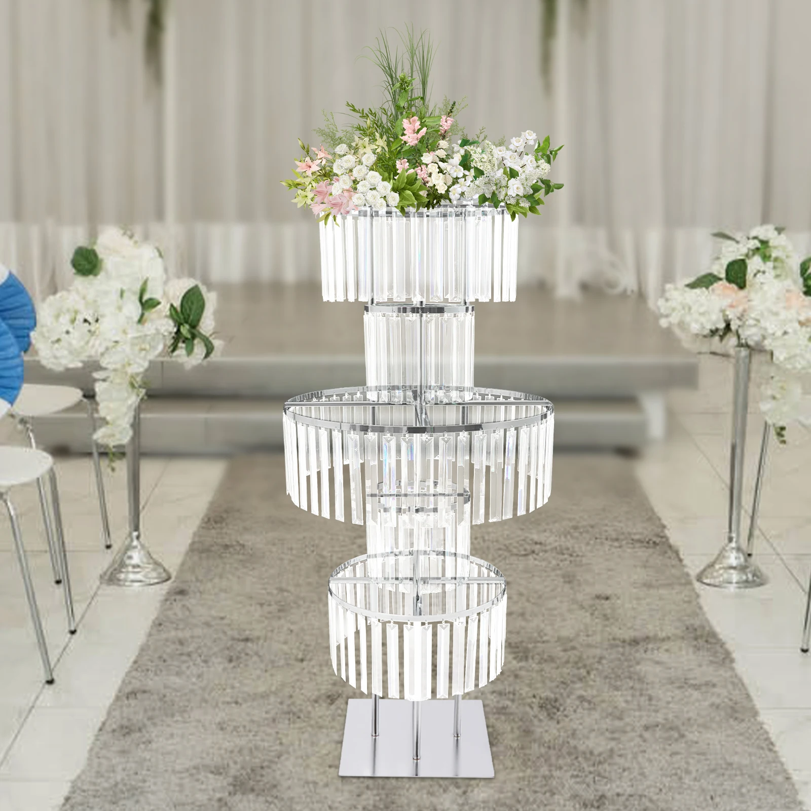 5 Tiers Crystal Flower Stand Gold/Silver 43.3 Inch Height Display Rack Aisle Guide Table Decoration Wedding Centerpiece Stand for Party Birthday Coffee Shop