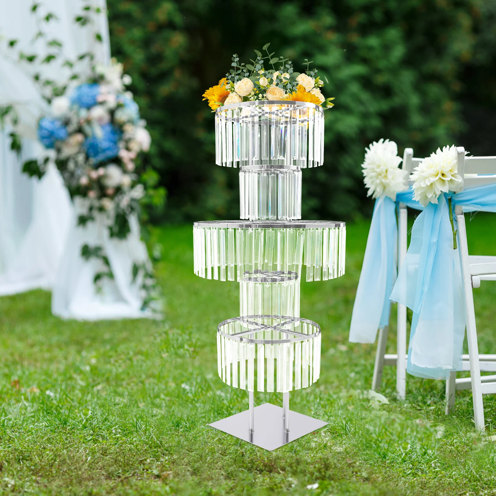 5 Tiers Crystal Flower Stand Gold/Silver 43.3 Inch Height Display Rack Aisle Guide Table Decoration Wedding Centerpiece Stand for Party Birthday Coffee Shop