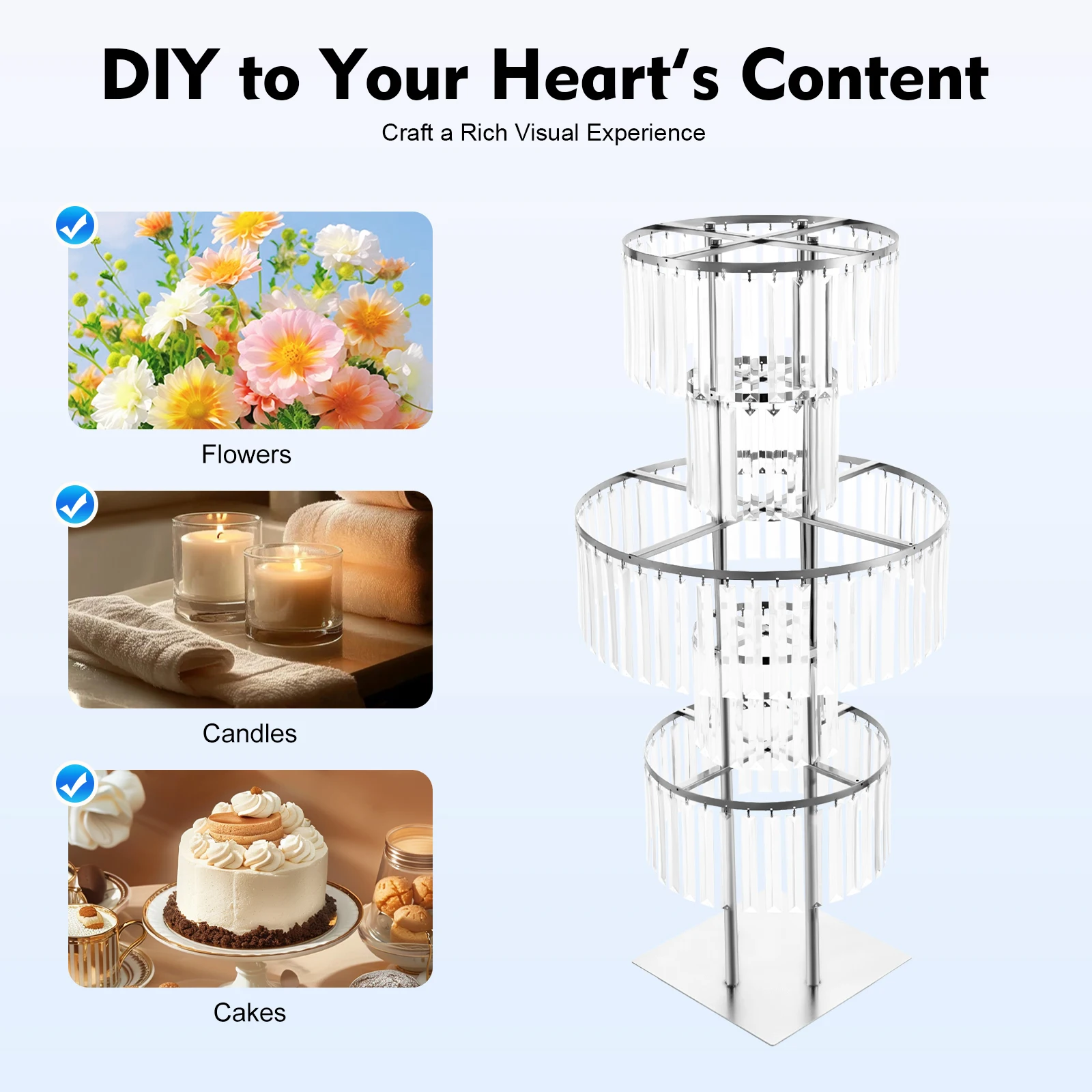 5 Tiers Crystal Flower Stand Gold/Silver 43.3 Inch Height Display Rack Aisle Guide Table Decoration Wedding Centerpiece Stand for Party Birthday Coffee Shop