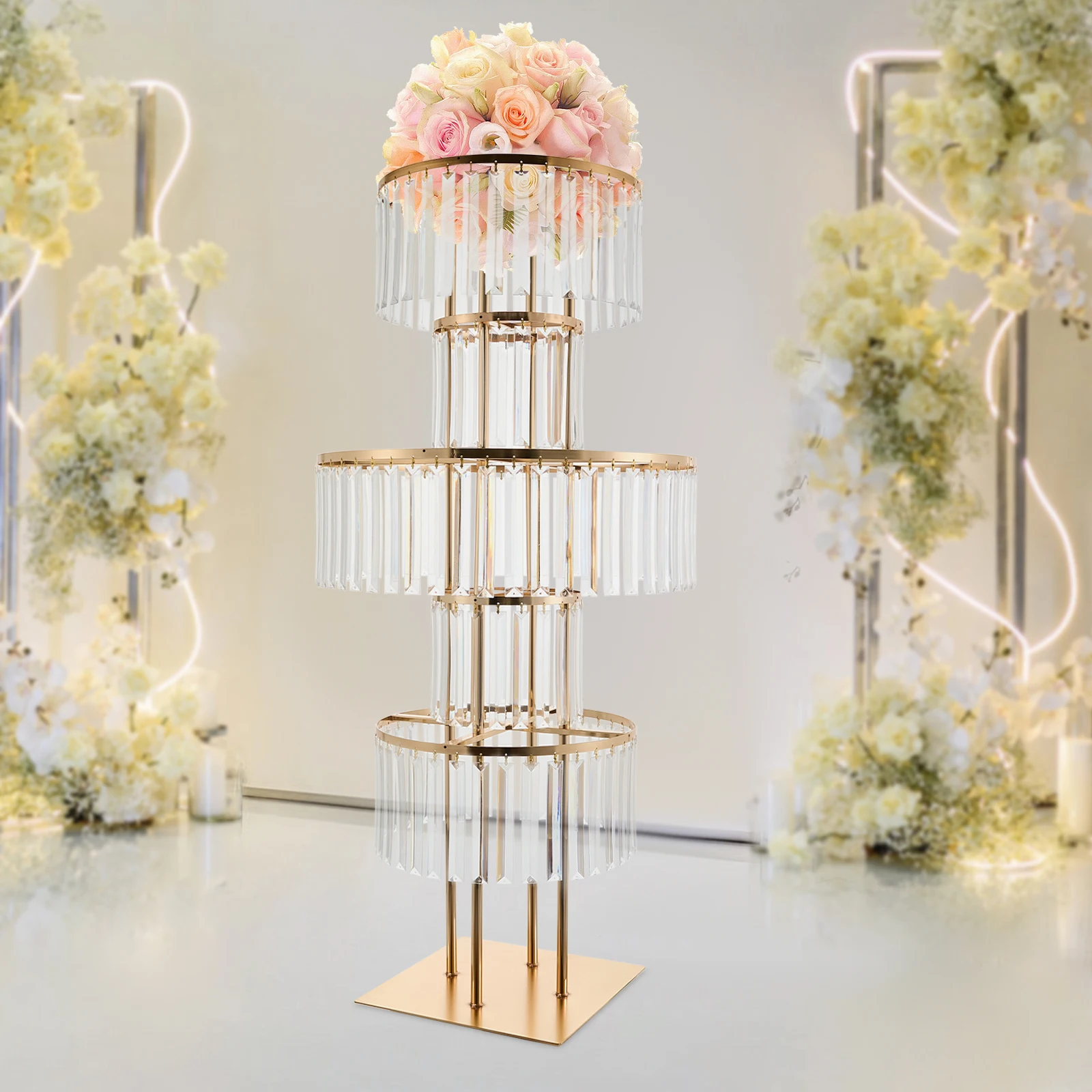5 Tiers Crystal Flower Stand Gold/Silver 43.3 Inch Height Display Rack Aisle Guide Table Decoration Wedding Centerpiece Stand for Party Birthday Coffee Shop