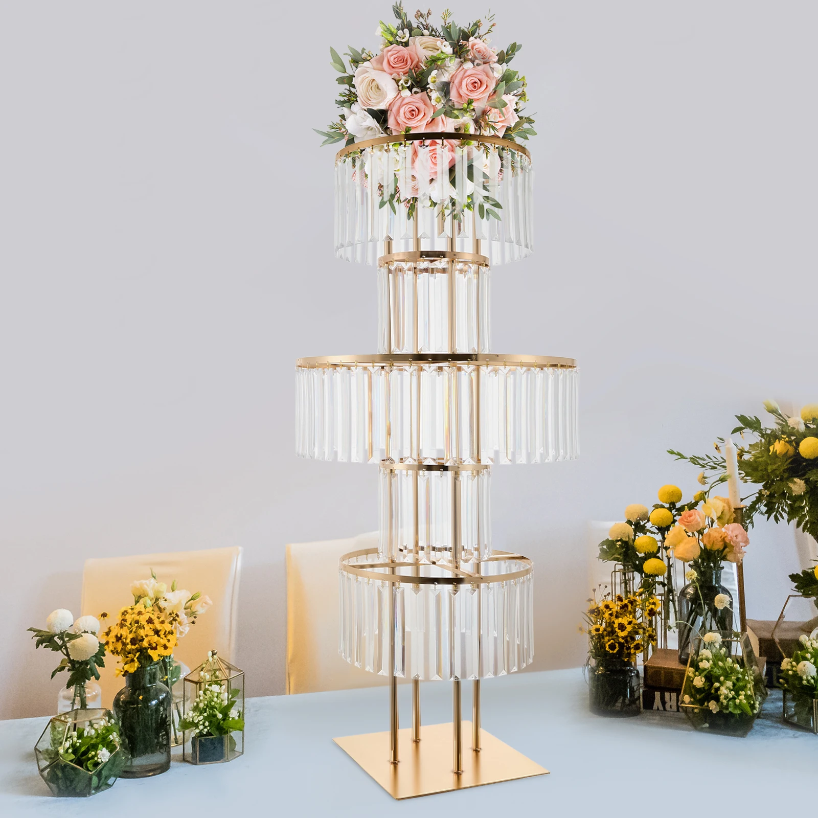 5 Tiers Crystal Flower Stand Gold/Silver 43.3 Inch Height Display Rack Aisle Guide Table Decoration Wedding Centerpiece Stand for Party Birthday Coffee Shop