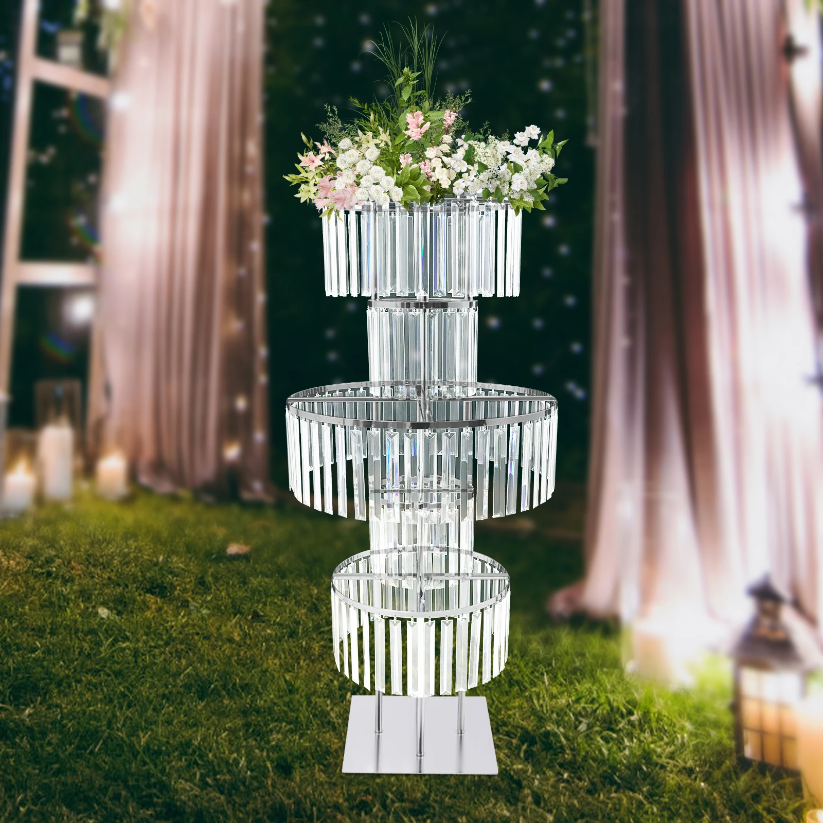5 Tiers Crystal Flower Stand Gold/Silver 43.3 Inch Height Display Rack Aisle Guide Table Decoration Wedding Centerpiece Stand for Party Birthday Coffee Shop