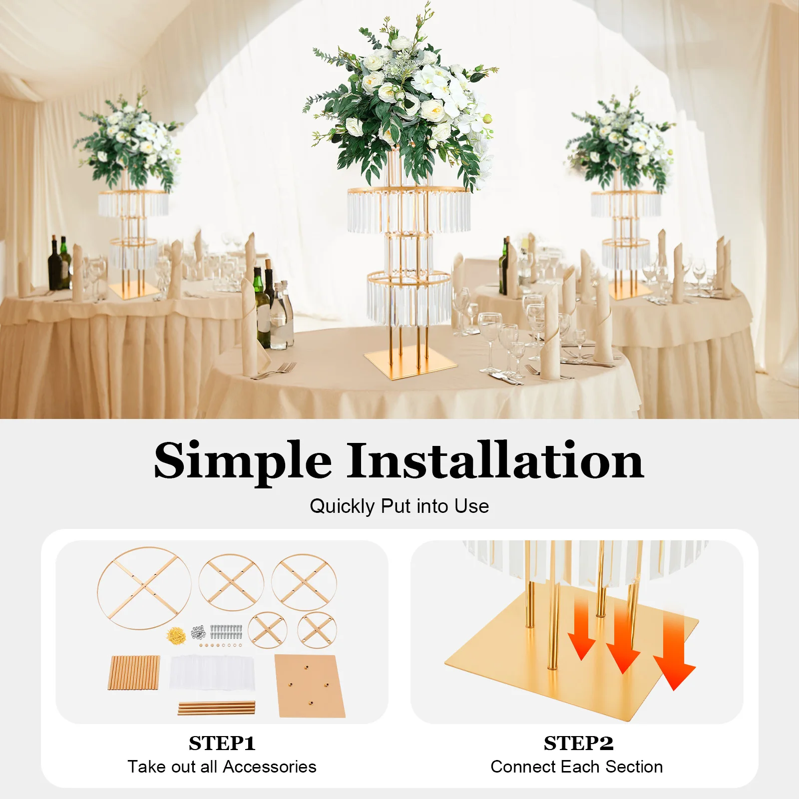 5 Tiers Crystal Flower Stand Gold/Silver 43.3 Inch Height Display Rack Aisle Guide Table Decoration Wedding Centerpiece Stand for Party Birthday Coffee Shop