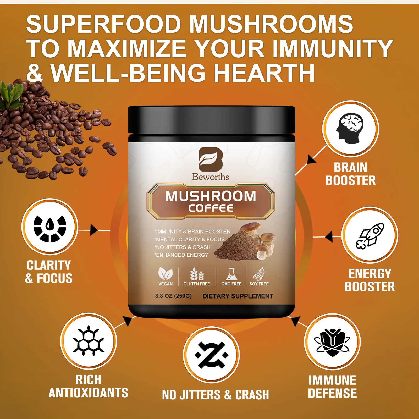 BWEORTHS 70/120/250G Mushroom Coffee Mixed Reishi&Lion's Mane Mushrooms Support Immunity&Focus Health Boost Memory NO-GMO