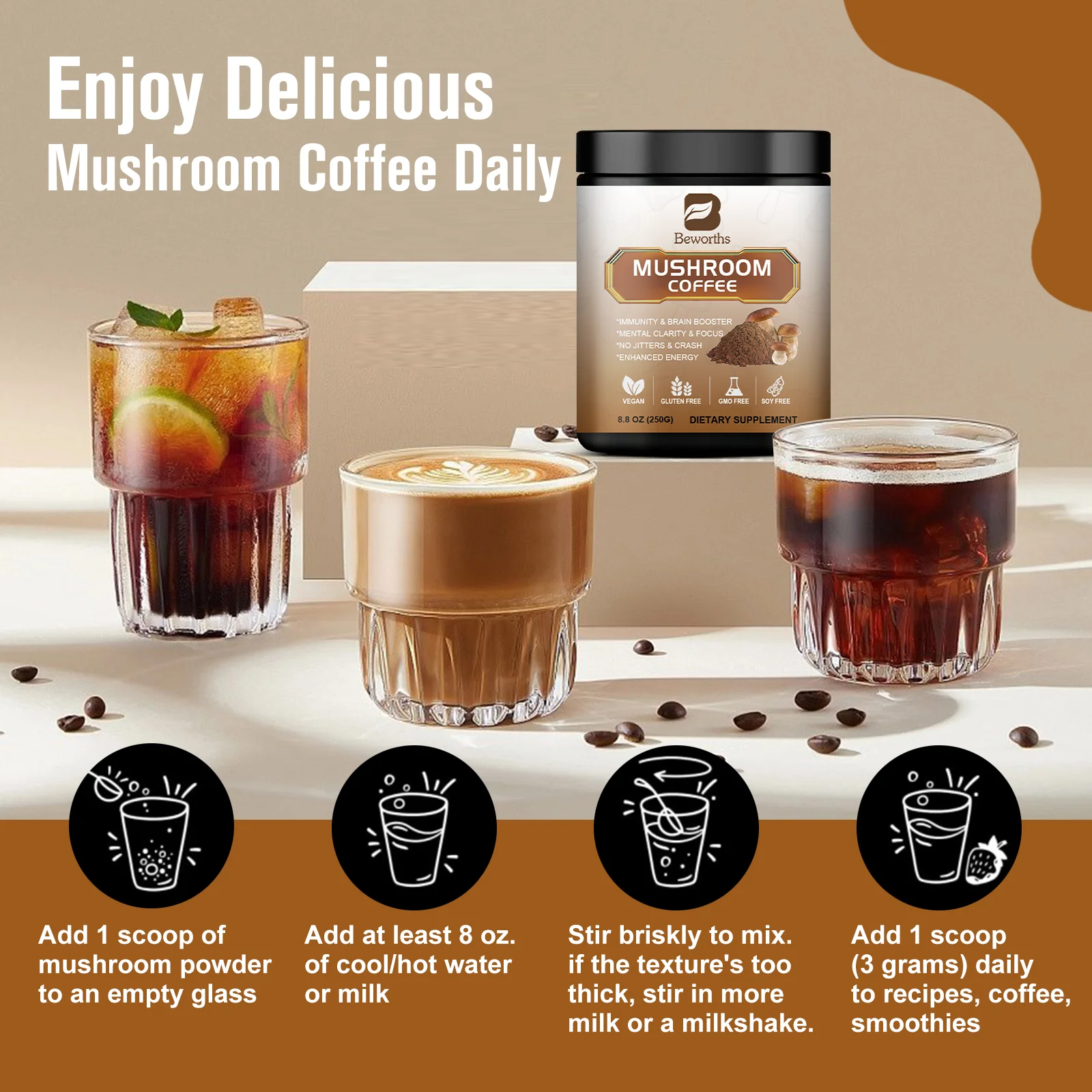 BWEORTHS 70/120/250G Mushroom Coffee Mixed Reishi&Lion's Mane Mushrooms Support Immunity&Focus Health Boost Memory NO-GMO