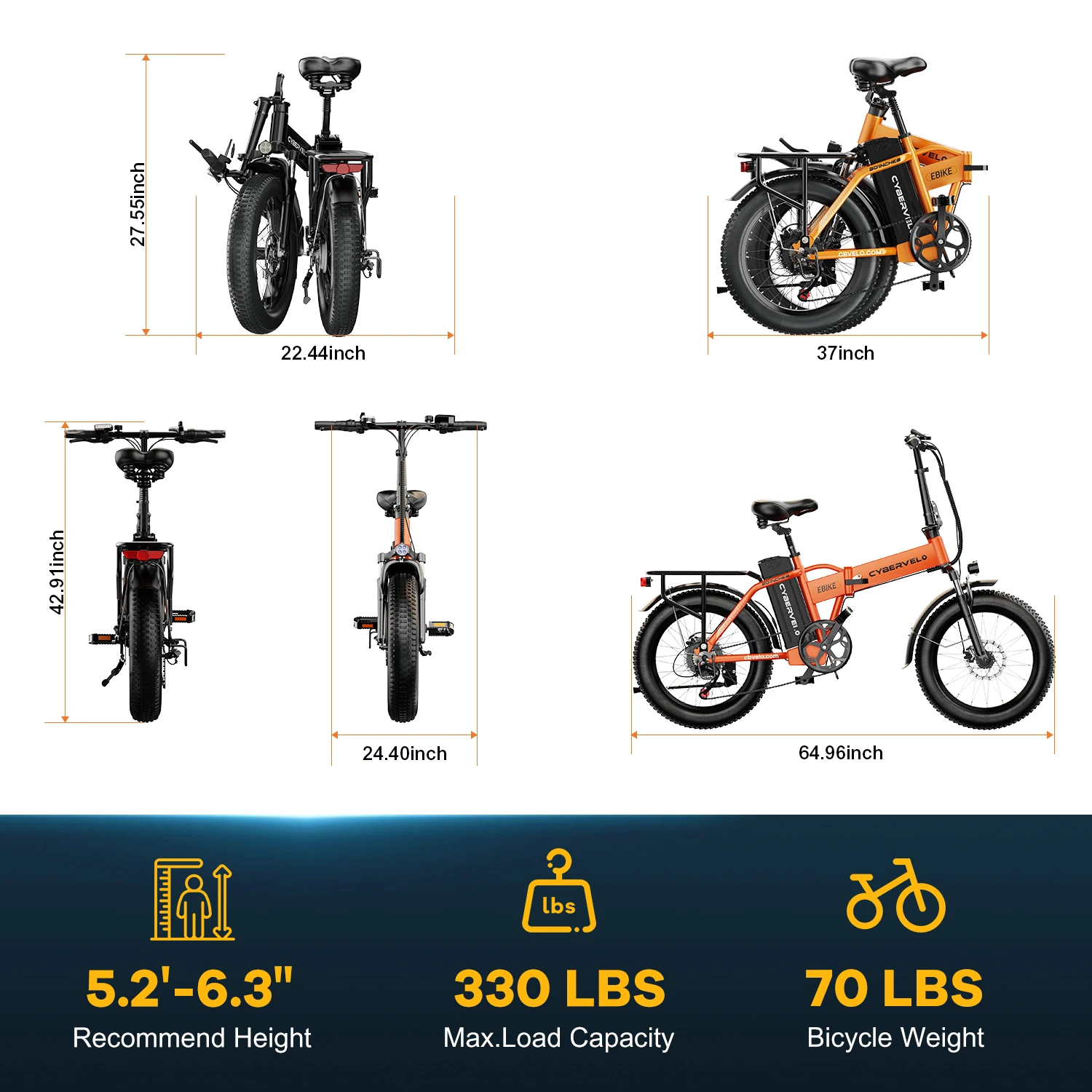 Cybervelo 1000W Peak High-speed Brushless Folding 20 Inch Fat Tire Electric Bike for Adults 48V 20.8Ah/50Ah Removable Battery 80 Miles Range Commuter E-Bicycle EK4