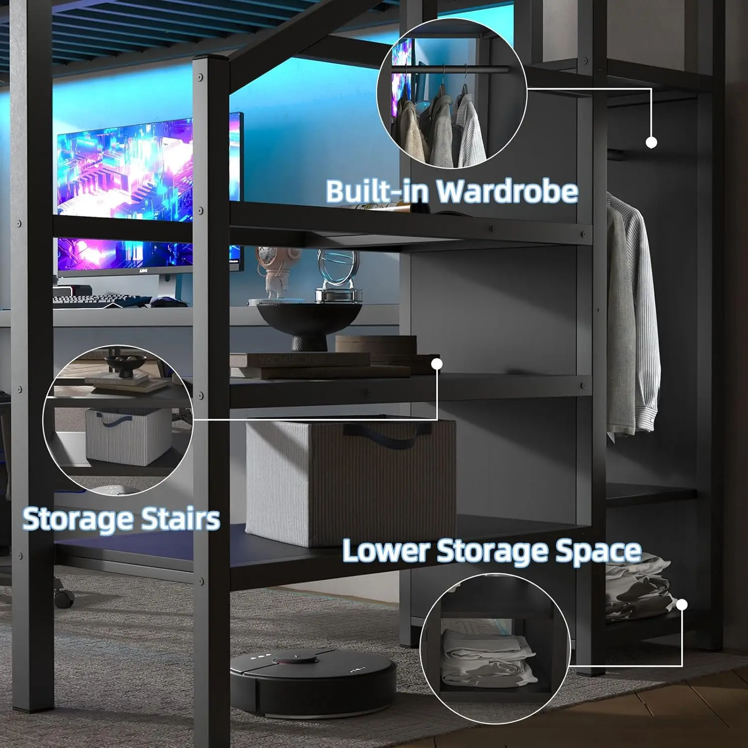 Black Metal Loft Bed w/ Desk Wardrobe Storage Stairs LED USB Port Space Saving Noise-Free Kids Full Size Loft Bed, Customized