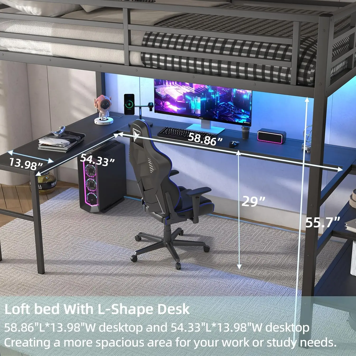 Black Metal Loft Bed w/ Desk Wardrobe Storage Stairs LED USB Port Space Saving Noise-Free Kids Full Size Loft Bed, Customized