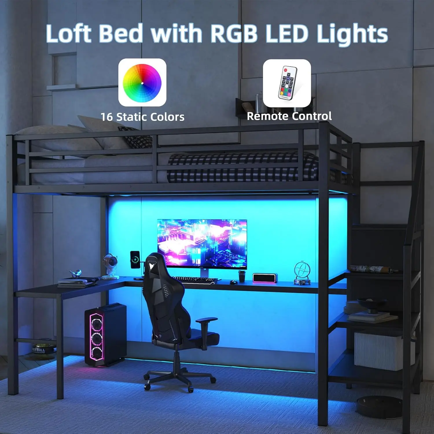 Black Metal Loft Bed w/ Desk Wardrobe Storage Stairs LED USB Port Space Saving Noise-Free Kids Full Size Loft Bed, Customized