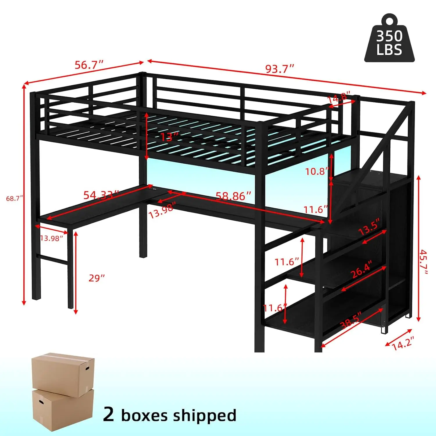 Black Metal Loft Bed w/ Desk Wardrobe Storage Stairs LED USB Port Space Saving Noise-Free Kids Full Size Loft Bed, Customized