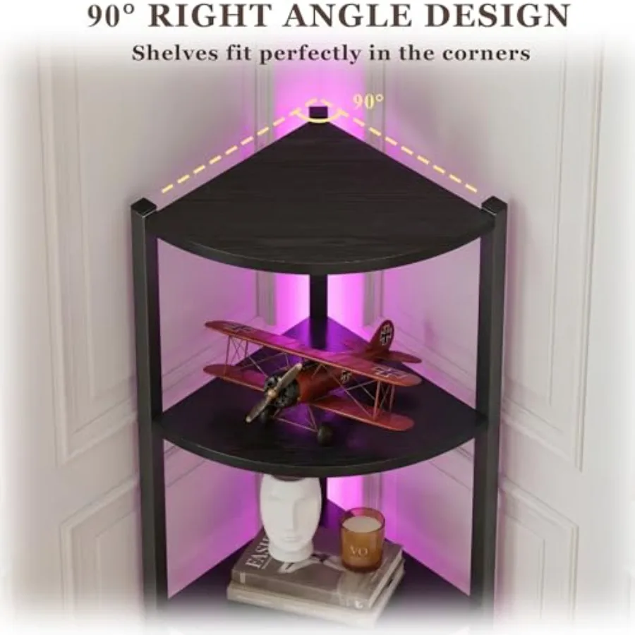 Corner Shelf with Storage LED Lights 6-Tier Corner Bookshelf 66'' Organizer Book Shelf Shelves Steel Frame Display Stand with L