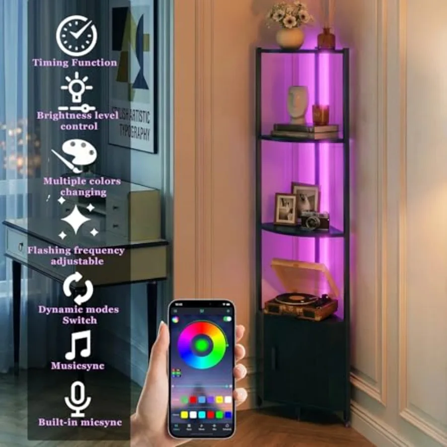 Corner Shelf with Storage LED Lights 6-Tier Corner Bookshelf 66'' Organizer Book Shelf Shelves Steel Frame Display Stand with L