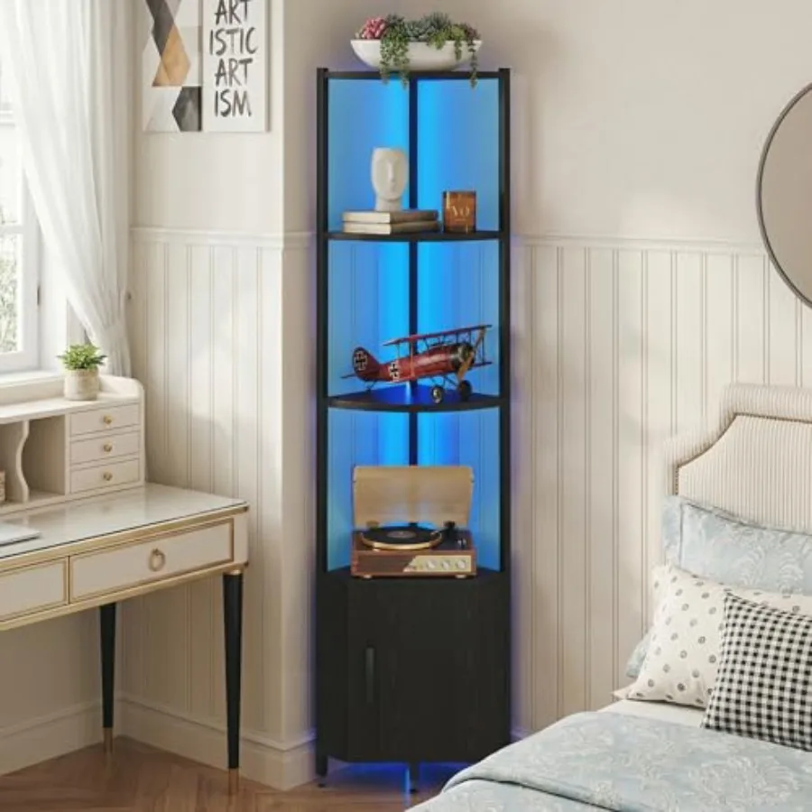 Corner Shelf with Storage LED Lights 6-Tier Corner Bookshelf 66'' Organizer Book Shelf Shelves Steel Frame Display Stand with L