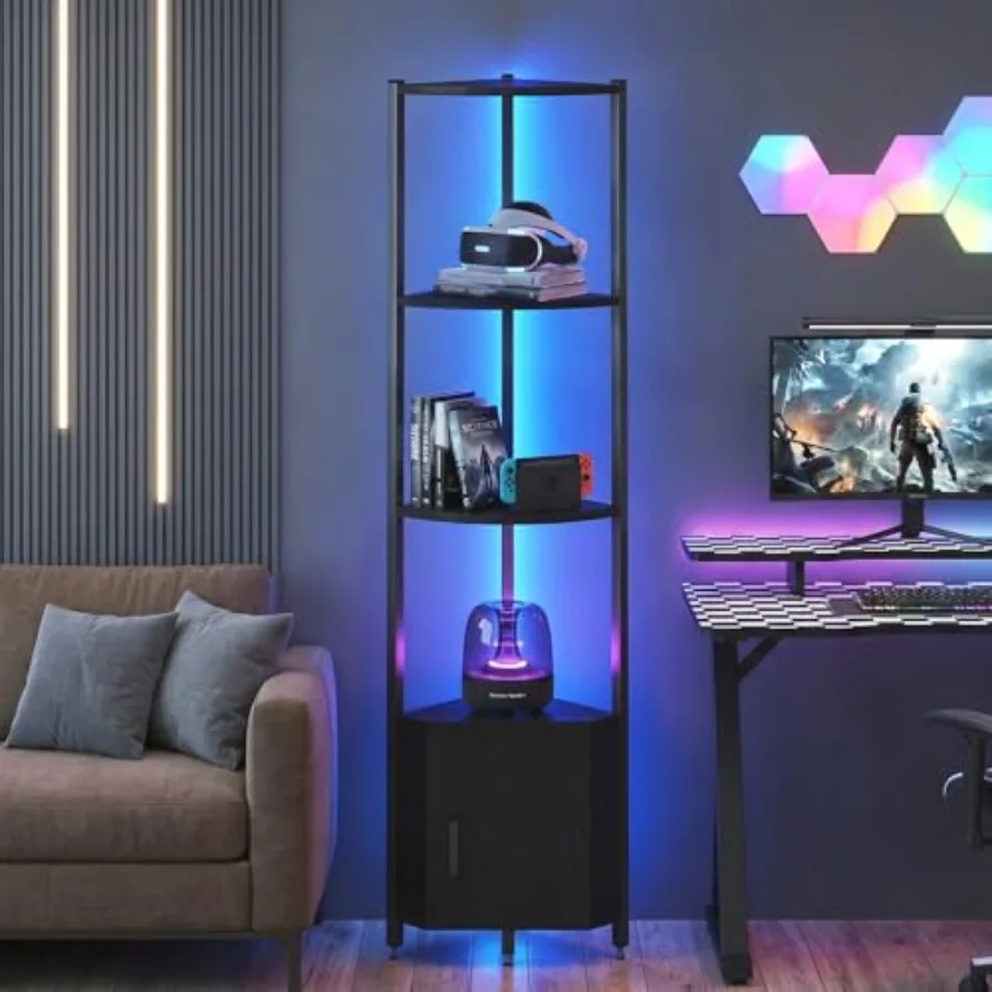 Corner Shelf with Storage LED Lights 6-Tier Corner Bookshelf 66'' Organizer Book Shelf Shelves Steel Frame Display Stand with L