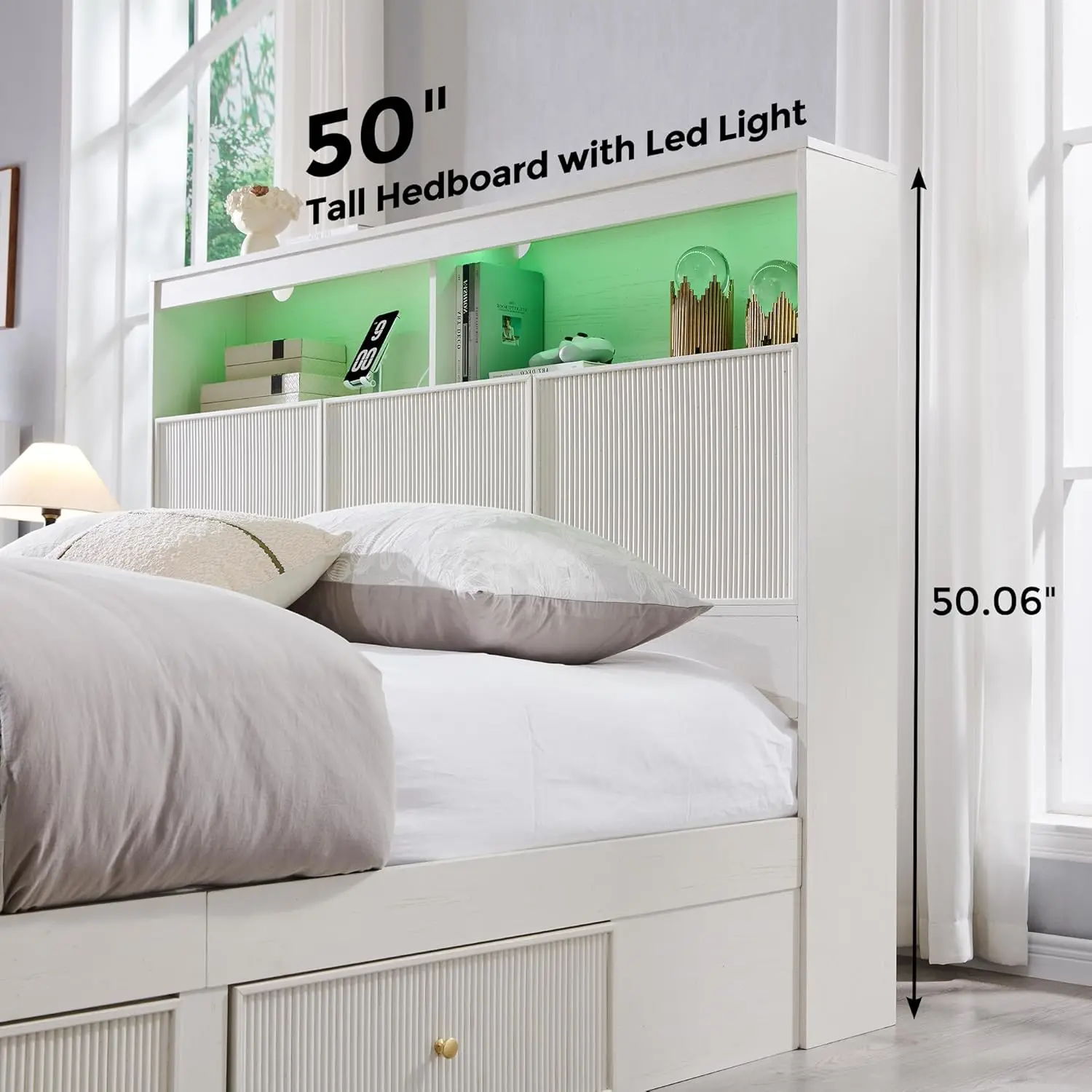 Fluted Queen Storage Bed Frame 50" LED Headboard 4 Drawers Charging Station Wood Platform Easy Assembly No Box Spring, Customize