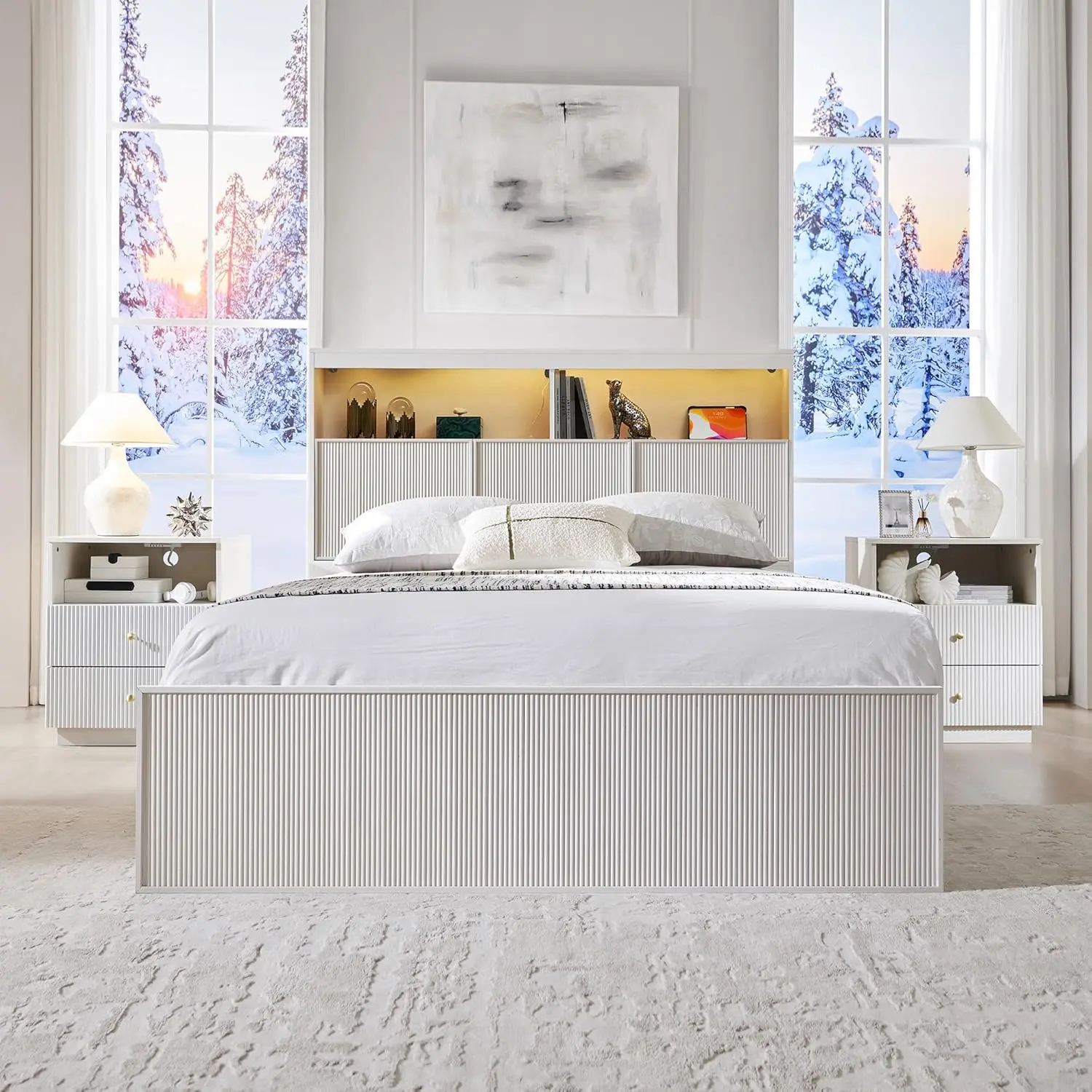 Fluted Queen Storage Bed Frame 50" LED Headboard 4 Drawers Charging Station Wood Platform Easy Assembly No Box Spring, Customize