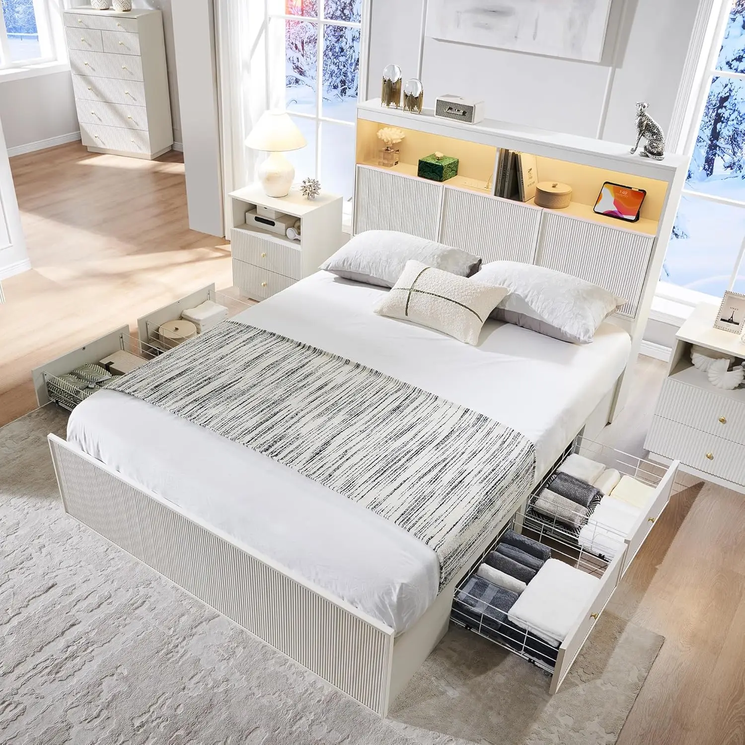 Fluted Queen Storage Bed Frame 50" LED Headboard 4 Drawers Charging Station Wood Platform Easy Assembly No Box Spring, Customize