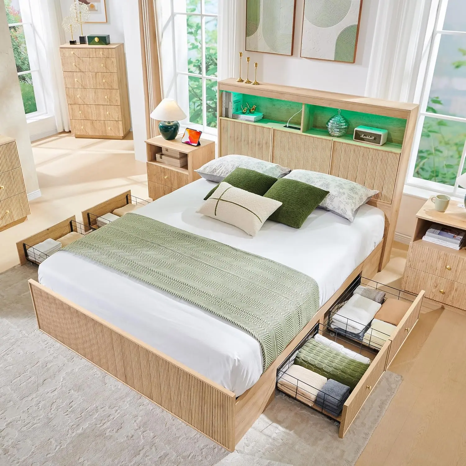 Fluted Queen Storage Bed Frame 50" LED Headboard 4 Drawers Charging Station Wood Platform Easy Assembly No Box Spring, Customize