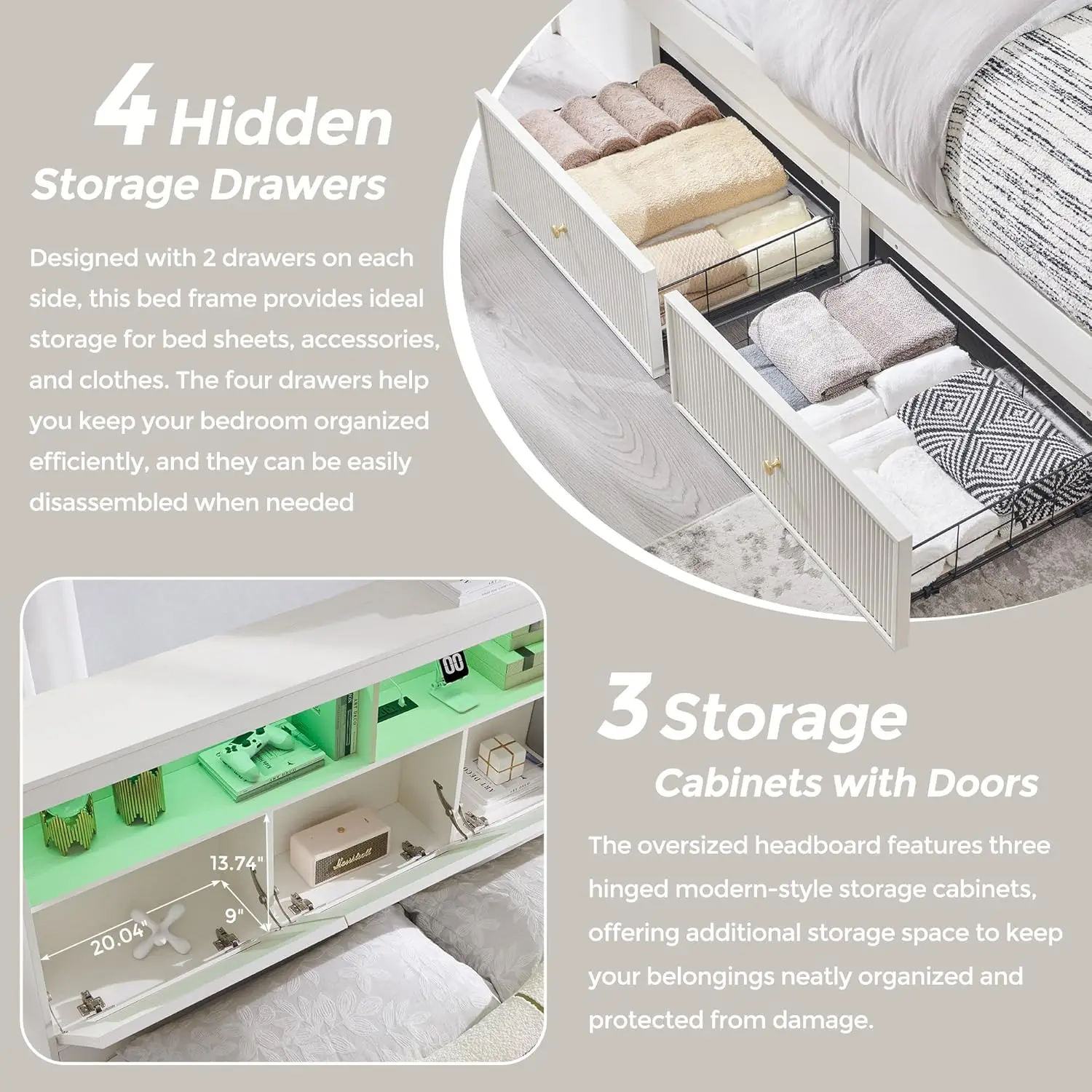 Fluted Queen Storage Bed Frame 50" LED Headboard 4 Drawers Charging Station Wood Platform Easy Assembly No Box Spring, Customize