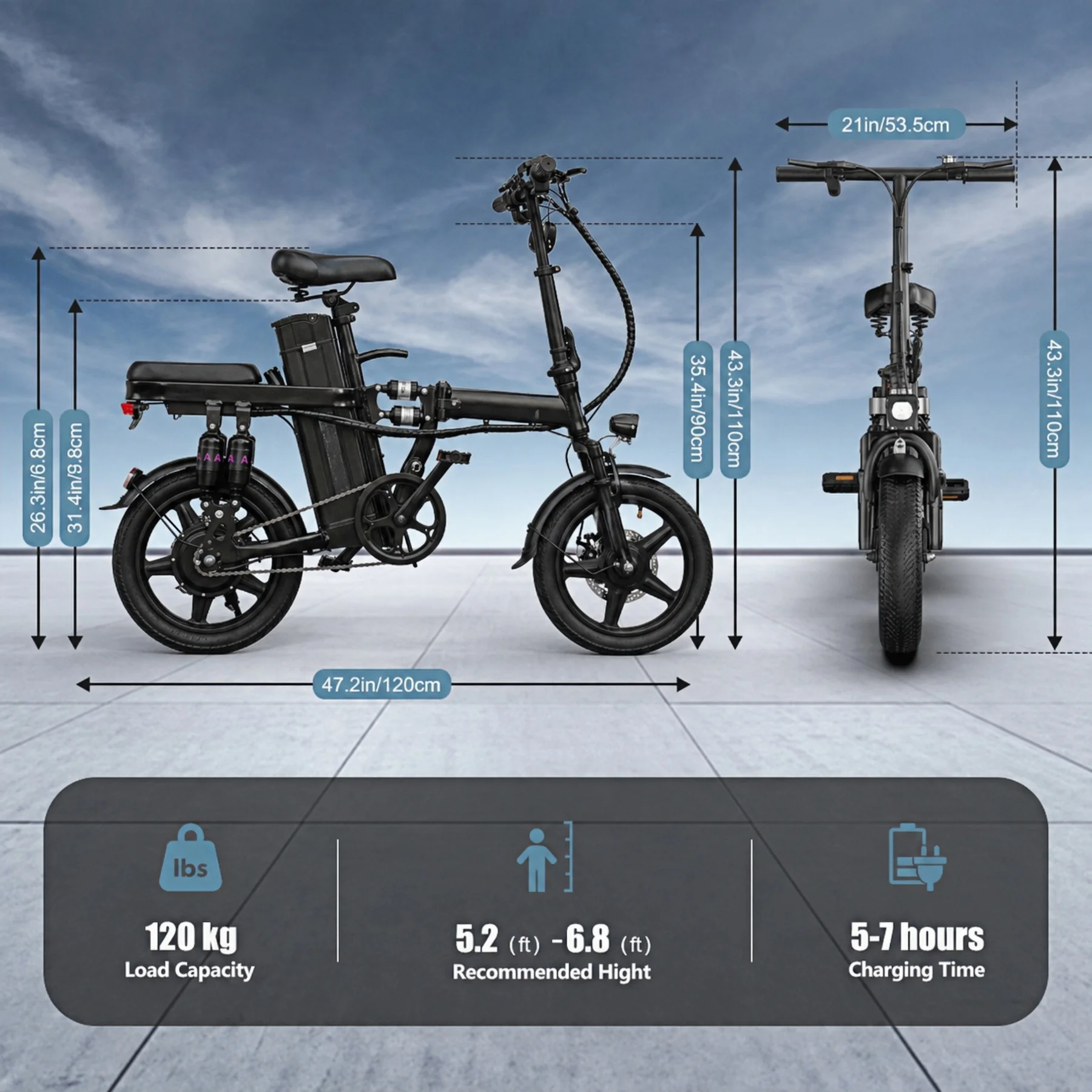 This Adult Folding Electric Bicycle Features a 500-watt Motor, a 48-volt 15-amp-hour Battery, 14-inch Tires, and a Maximum Range