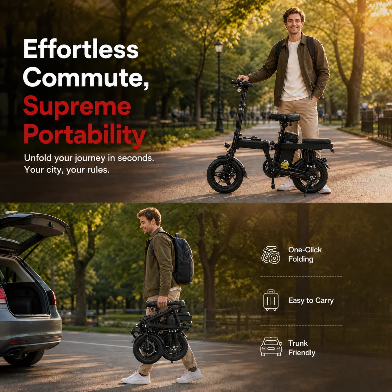 This Adult Folding Electric Bicycle Features a 500-watt Motor, a 48-volt 15-amp-hour Battery, 14-inch Tires, and a Maximum Range