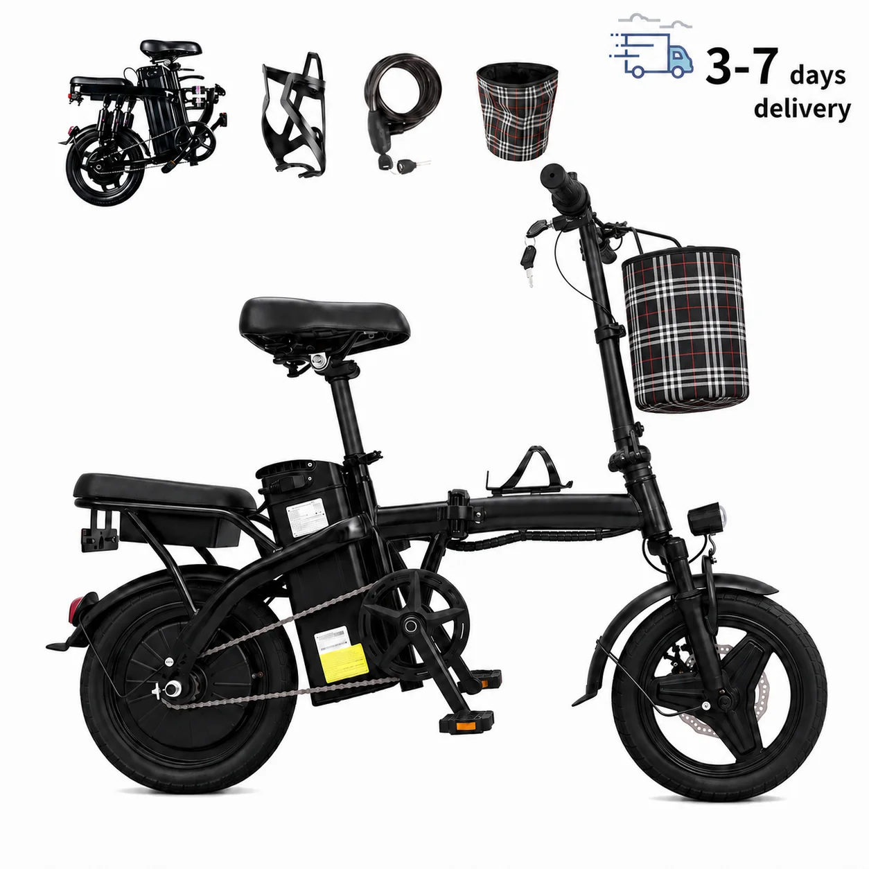 This Adult Folding Electric Bicycle Features a 500-watt Motor, a 48-volt 15-amp-hour Battery, 14-inch Tires, and a Maximum Range