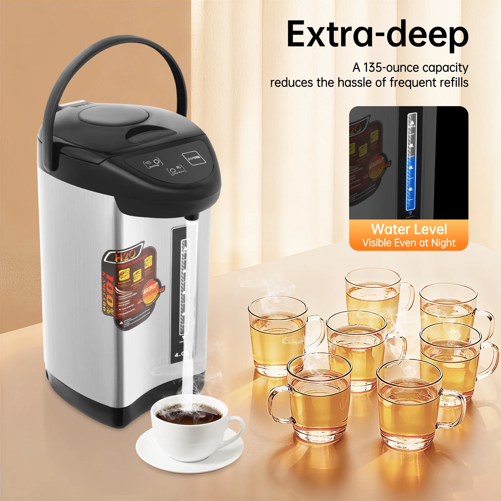 Electric Kettle, 4L 110V Stainless Steel Electric Water Boiler Kettle with 750W Fast Heating, 24-Hour Keep Warm