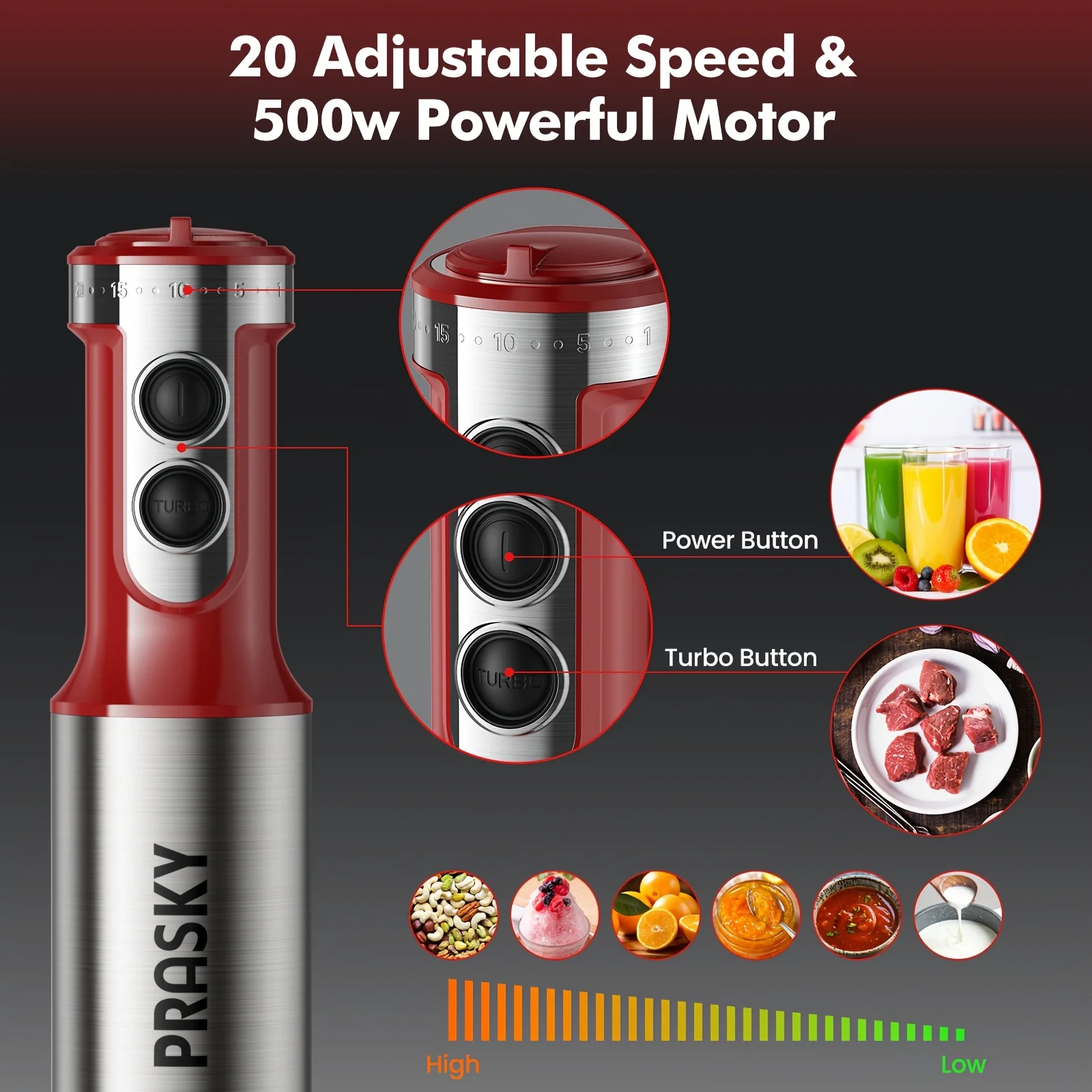 PRASKY 5-in-1 Handheld Immersion Blender with High Power Motor & Multi-Attachment System - Powerful Motor, Whisk, Meat Chopper