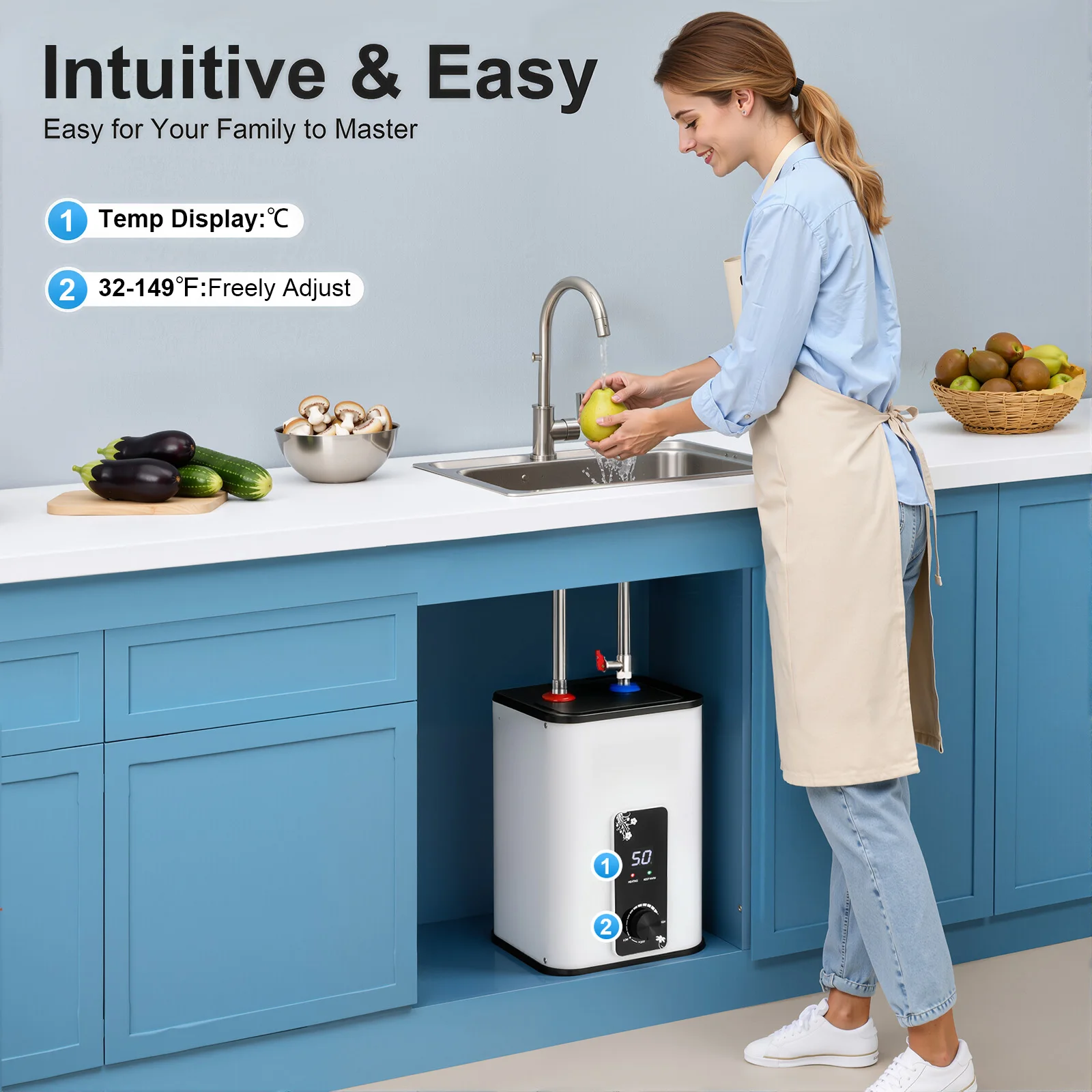 Instant Hot Water Heater 1500W, 8L Electric Mini Tank Water Heater 1500W with Temp Control 32-149°F for Kitchen Bathroom RV