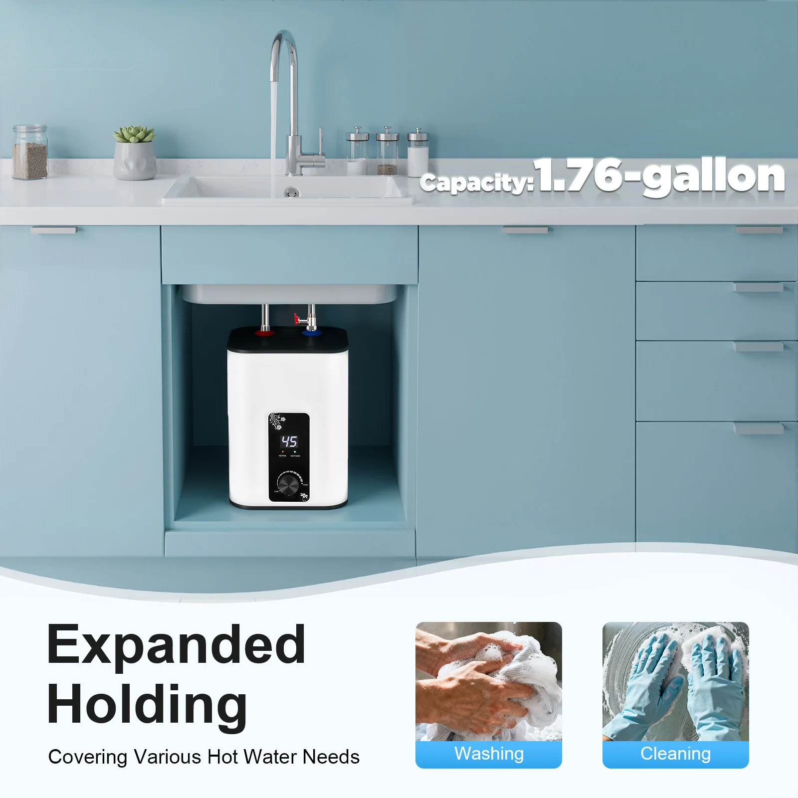 Instant Hot Water Heater 1500W, 8L Electric Mini Tank Water Heater 1500W with Temp Control 32-149°F for Kitchen Bathroom RV
