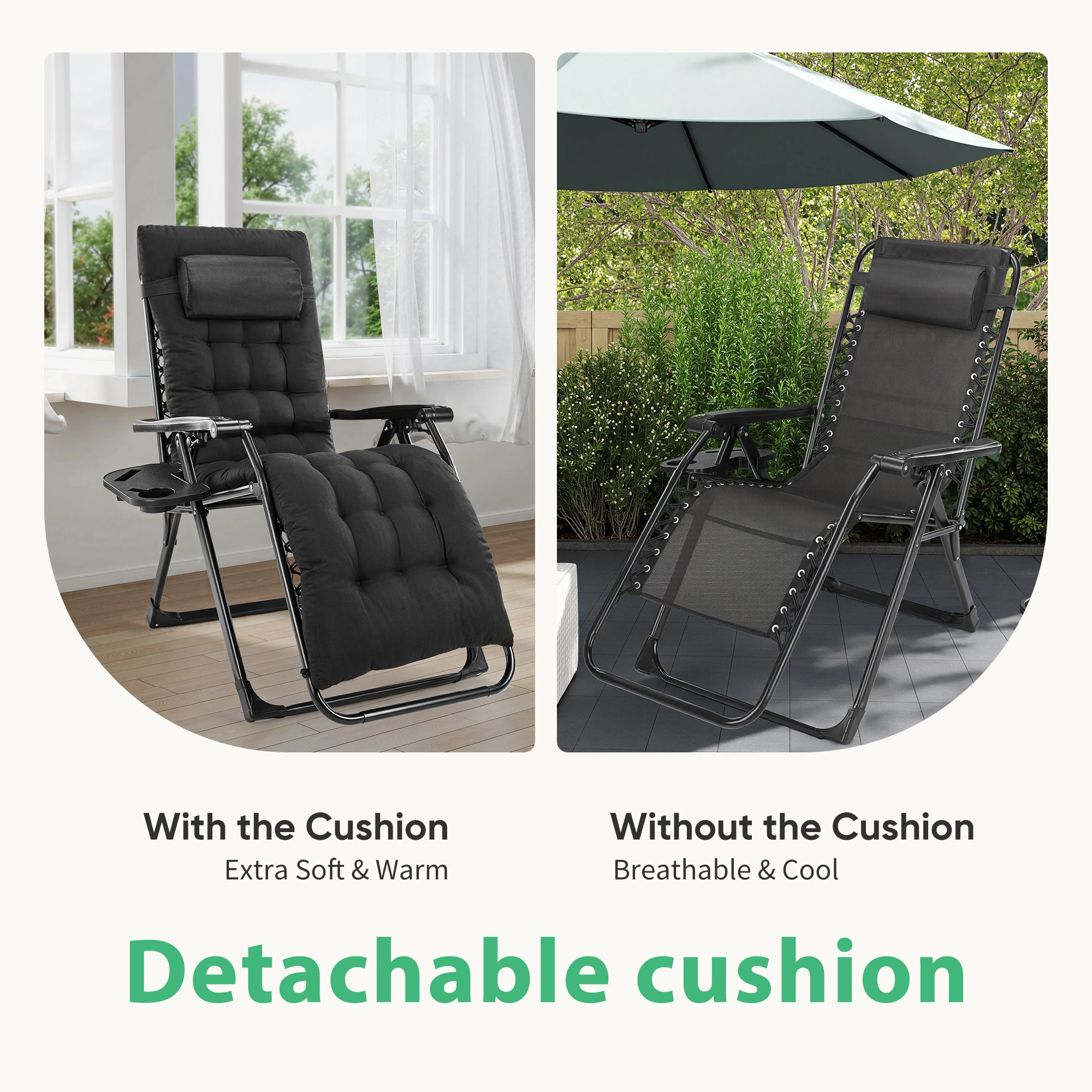 JHK Portable Zero Gravity Recliner Chairs Set of 2 Outdoor Garden Folding Lounge Chair with Cup Holder Trays Adjustable Pillow