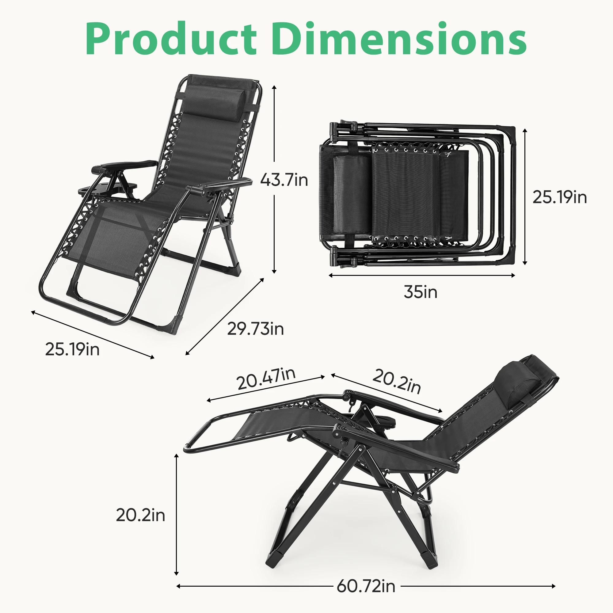 JHK Portable Zero Gravity Recliner Chairs Set of 2 Outdoor Garden Folding Lounge Chair with Cup Holder Trays Adjustable Pillow