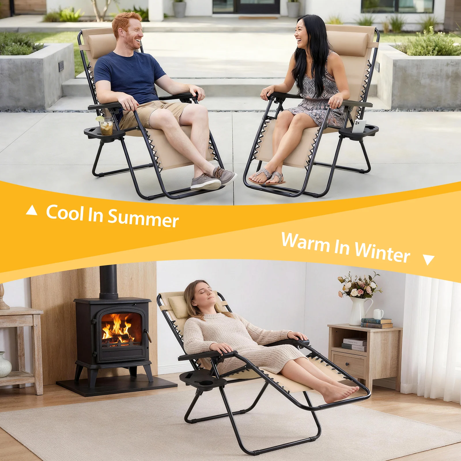 JHK Portable Zero Gravity Recliner Chairs Set of 2 Outdoor Garden Folding Lounge Chair with Cup Holder Trays Adjustable Pillow
