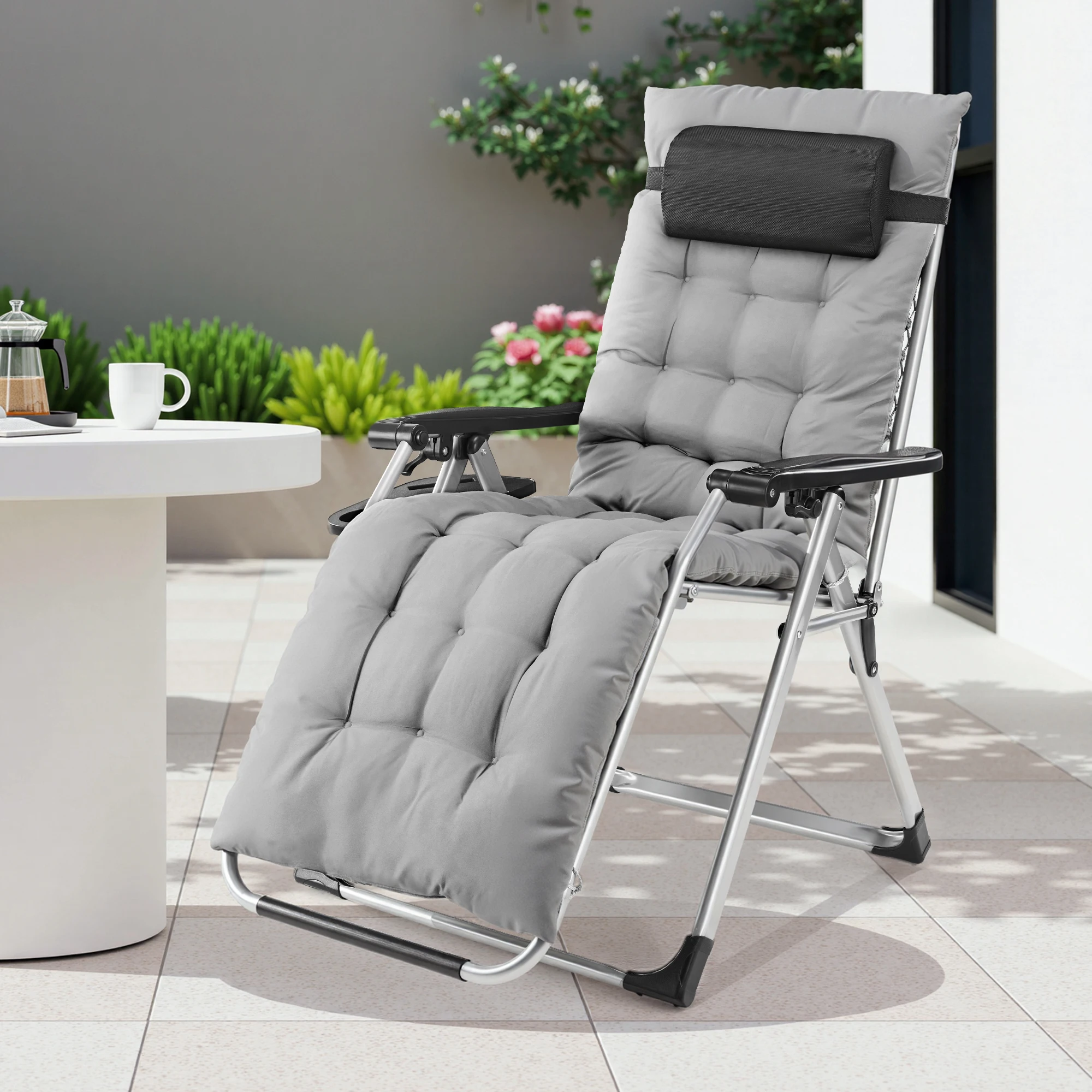JHK Portable Zero Gravity Recliner Chairs Set of 2 Outdoor Garden Folding Lounge Chair with Cup Holder Trays Adjustable Pillow