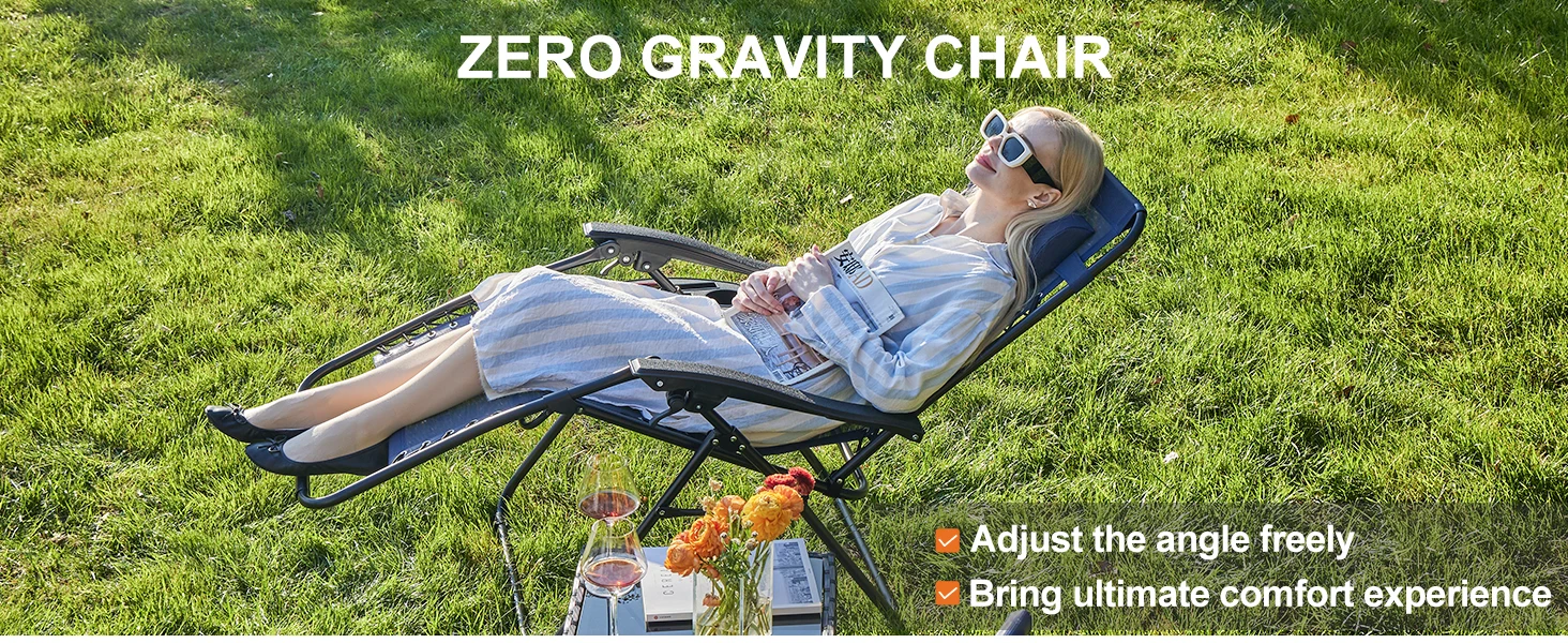 JHK Portable Zero Gravity Recliner Chairs Set of 2 Outdoor Garden Folding Lounge Chair with Cup Holder Trays Adjustable Pillow