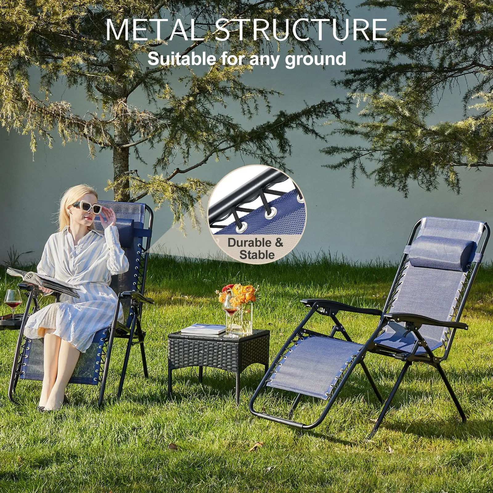 JHK Portable Zero Gravity Recliner Chairs Set of 2 Outdoor Garden Folding Lounge Chair with Cup Holder Trays Adjustable Pillow