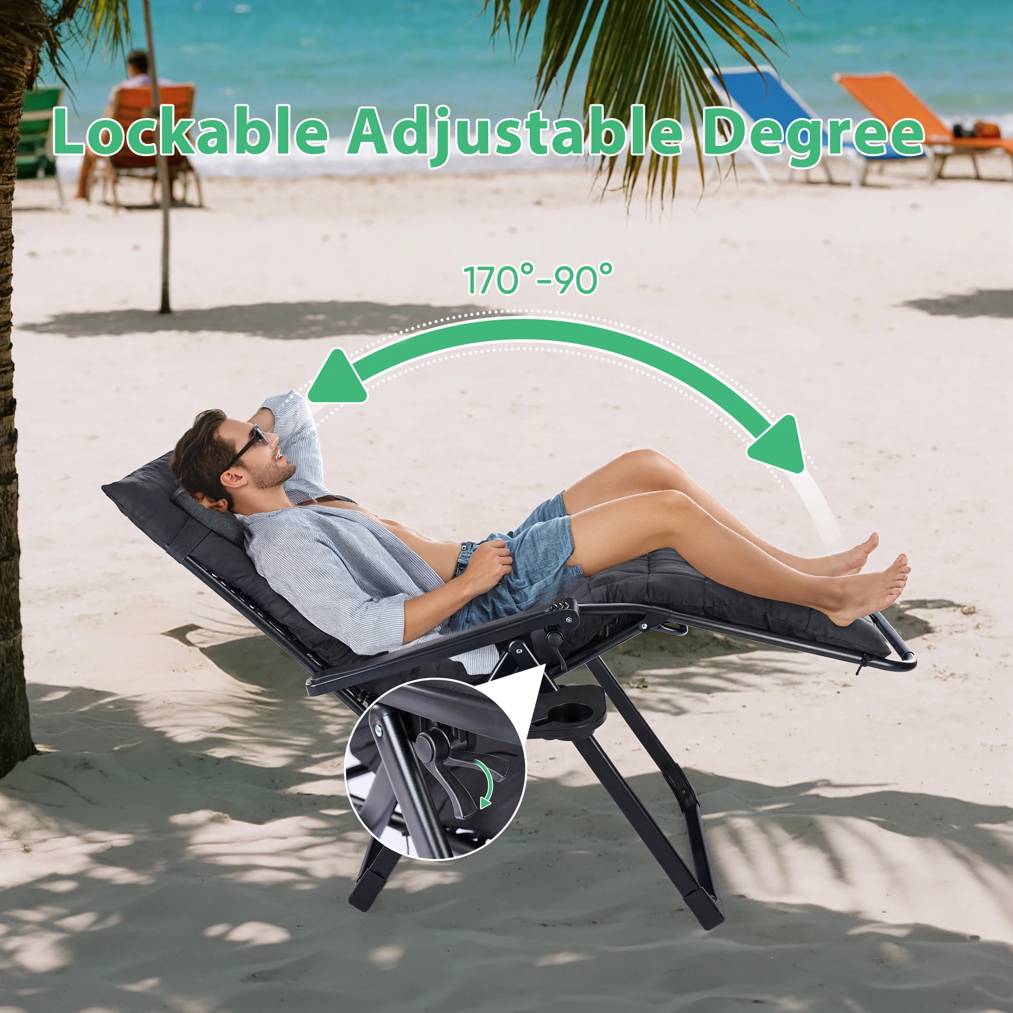 JHK Portable Zero Gravity Recliner Chairs Set of 2 Outdoor Garden Folding Lounge Chair with Cup Holder Trays Adjustable Pillow