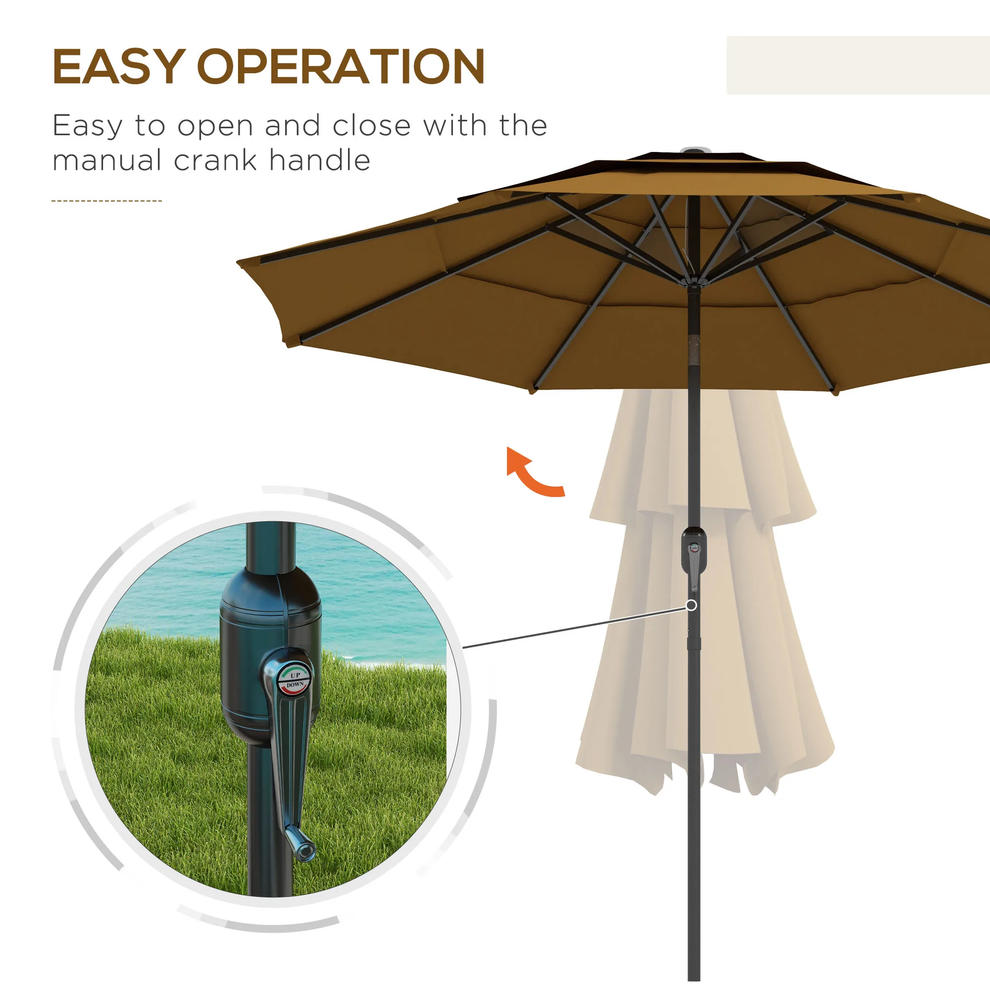 9ft 3 Tier Outdoor Patio Market Umbrella with Crank Handle for Backyard Terrace, Light Tan