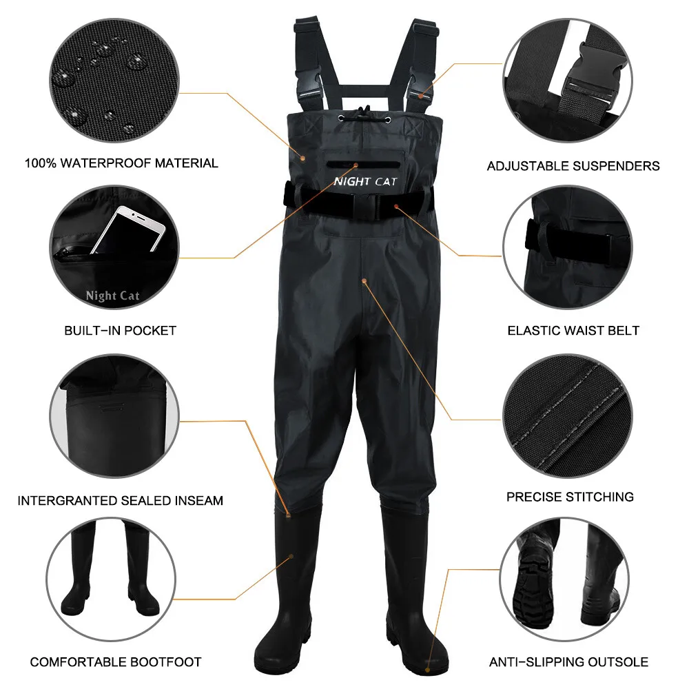 Night Cat Waterproof Fishing Waders: Hunting Chest Waders with Bootfoot and Belt For Man Woman Fishing Washing Farming Working Breathable, Lightweight, Black Sizes 6.5–13