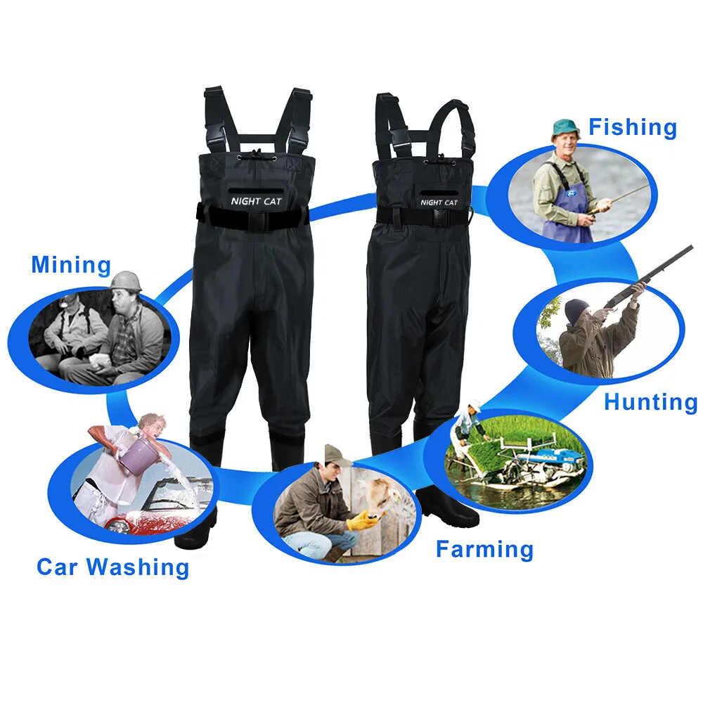 Night Cat Waterproof Fishing Waders: Hunting Chest Waders with Bootfoot and Belt For Man Woman Fishing Washing Farming Working Breathable, Lightweight, Black Sizes 6.5–13
