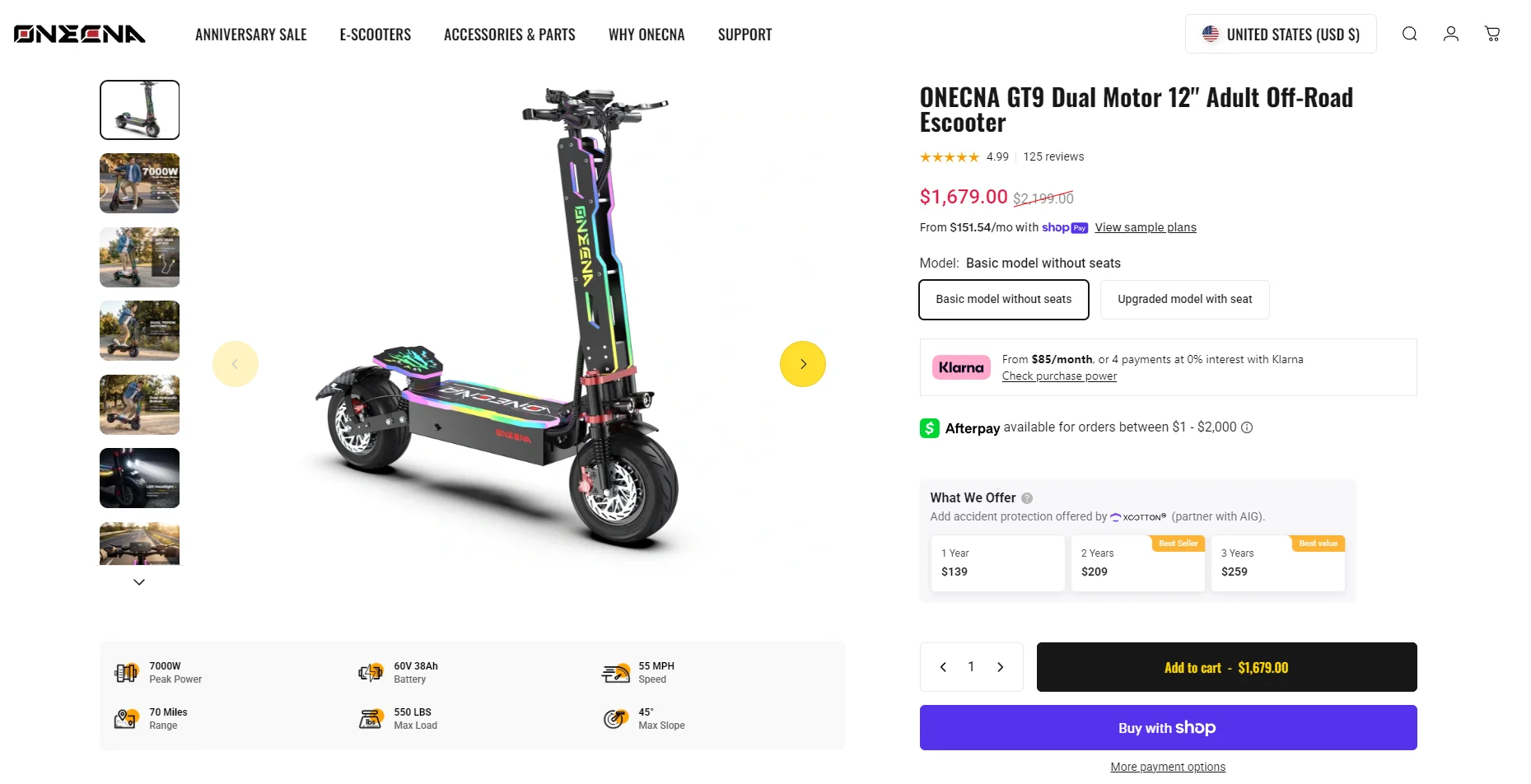 ONEONA GT9 Adults Electric Scooter with Seat | 7000W Dual Motor | 55MPH Max Speed, 60 Miles Range | 60V 38Ah Battery | 12" Off Road Tires, RGB Lights, UL2272 Foldable Commuter E Scooter