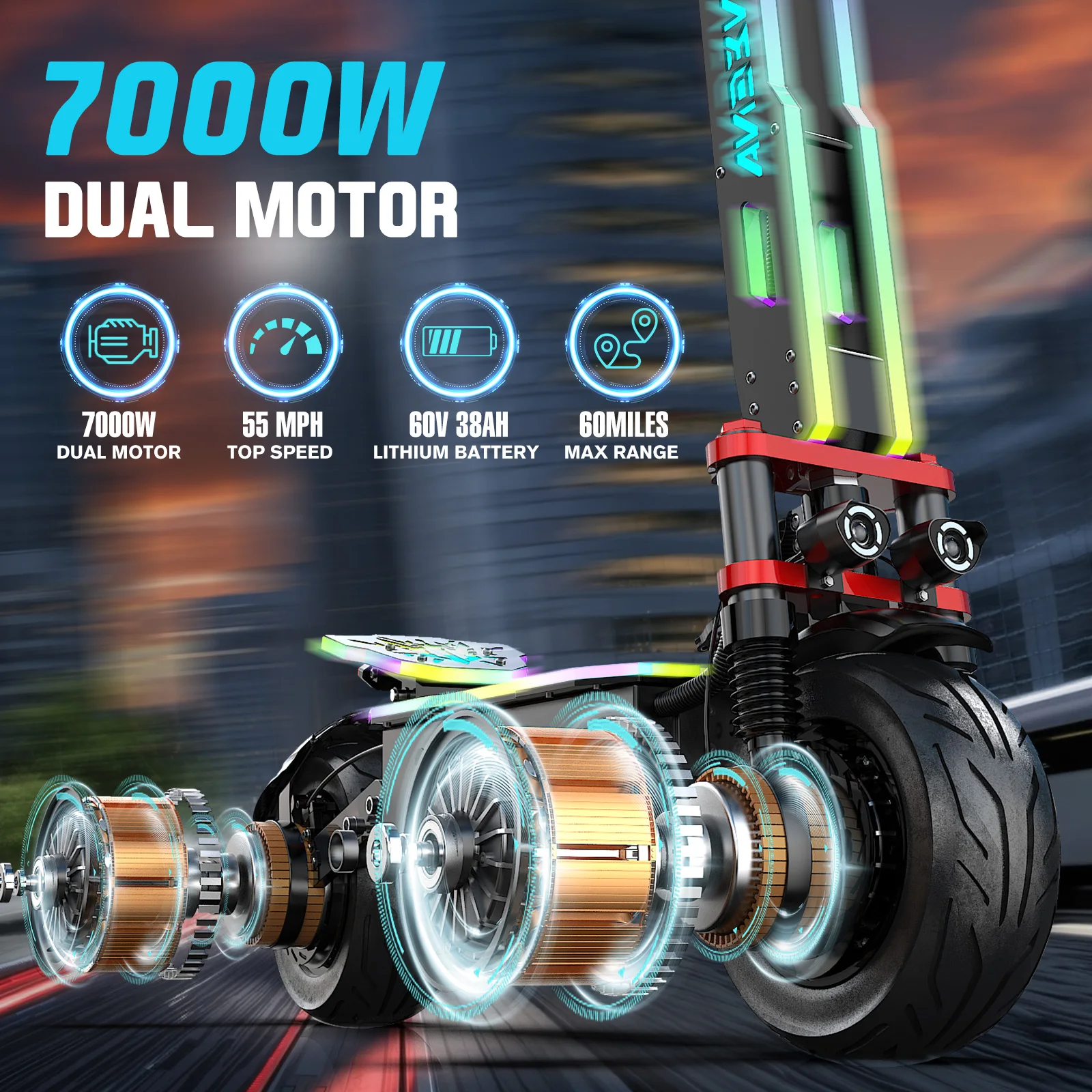 ONEONA GT9 Adults Electric Scooter with Seat | 7000W Dual Motor | 55MPH Max Speed, 60 Miles Range | 60V 38Ah Battery | 12" Off Road Tires, RGB Lights, UL2272 Foldable Commuter E Scooter