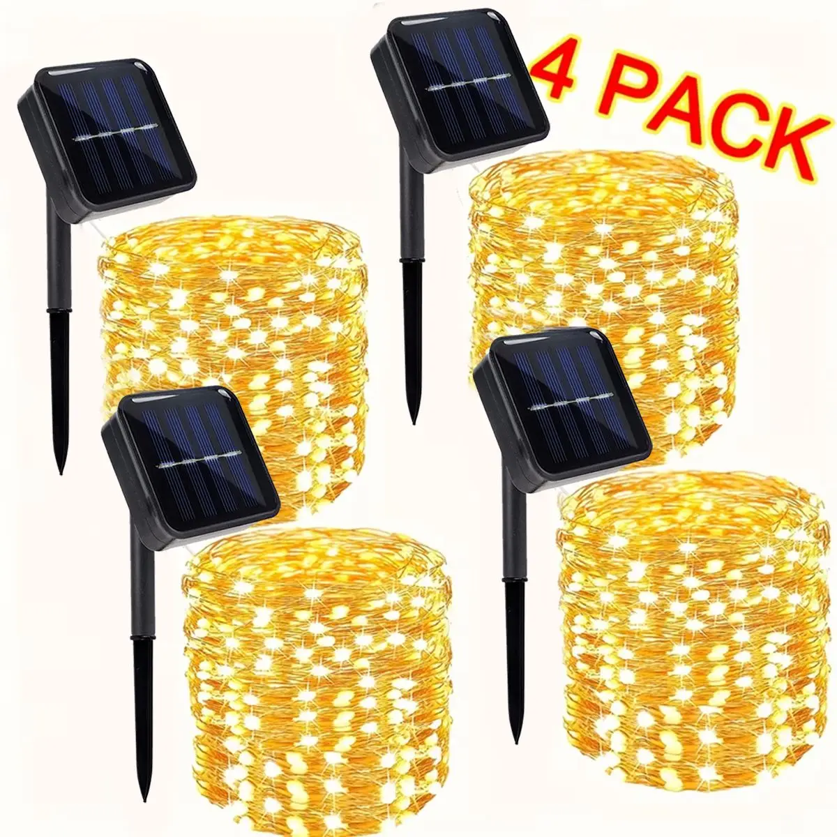 4Pcs/Pack 400 LED Solar Fairy Lights, Copper Wire String Lights with Solar Powered, 8 Lighting Modes, Outdoor/Indoor Lights for Garden, Patio, Wedding, Party & Holiday Decoration(Totaling 157.48 Feet ,Warm/Cool White/Muliticolor for Choose)