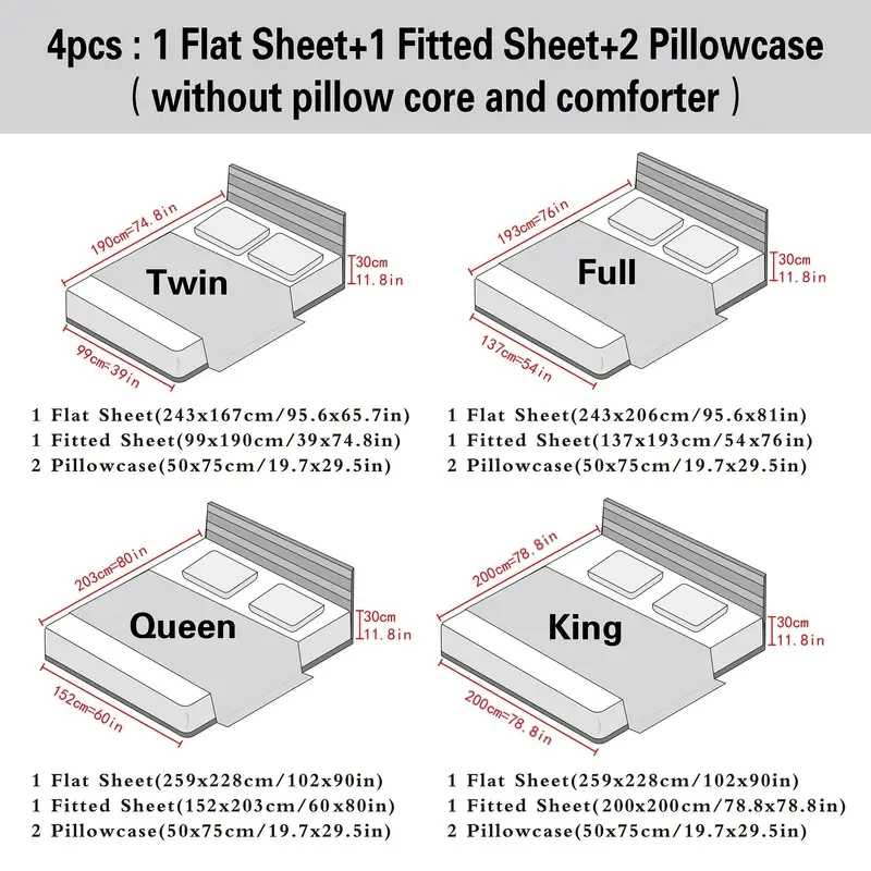 【Mother's Day Gift】4-Piece Set of Solid Color Satin Bed Sheet Set (1 Flat Sheet + 1 Fitted Sheet + 2 Pillowcases), Luxurious and Soft, with a Natural Luster, Skin-Friendly and Breathable Bedding