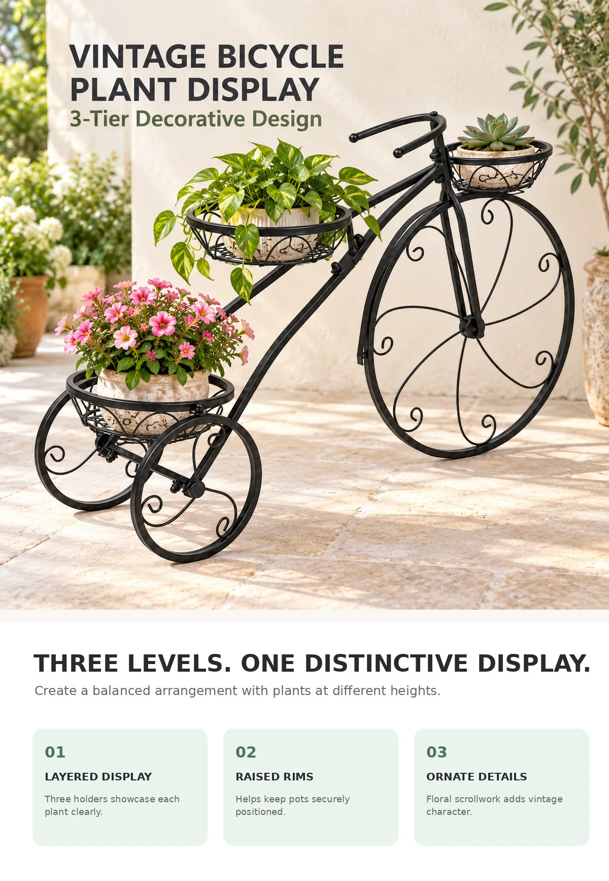3 Tier Bicycle Shaped Iron Plant Stand Metal Flower Pot Holder Display Rack for Indoor Outdoor Garden Patio Balcony Porch