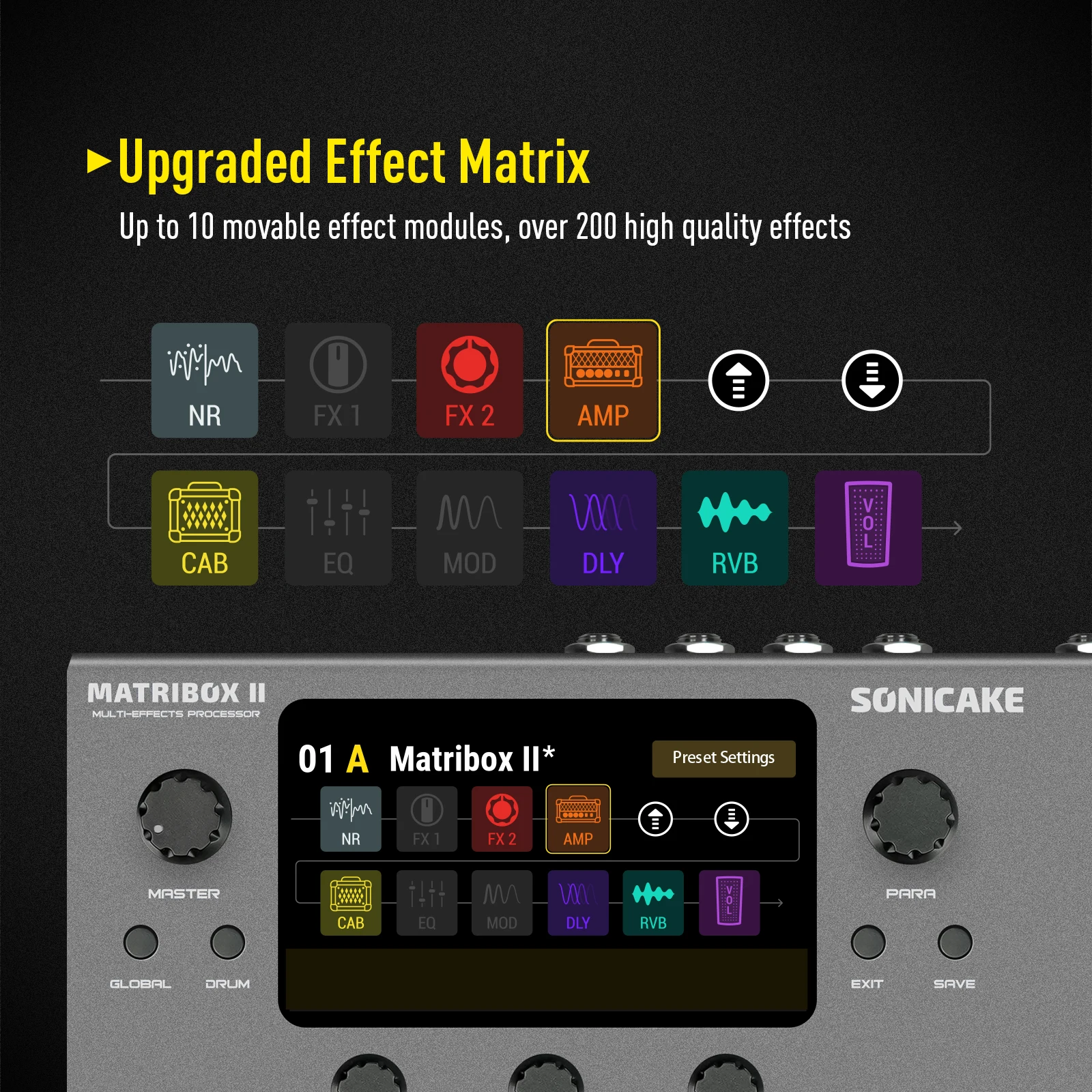 SONICAKE Matribox II Guitar Bass Amp Modeling Multi-Effects Processor with Expression Pedal FX Loop MIDI Stereo USB OTG QME-100