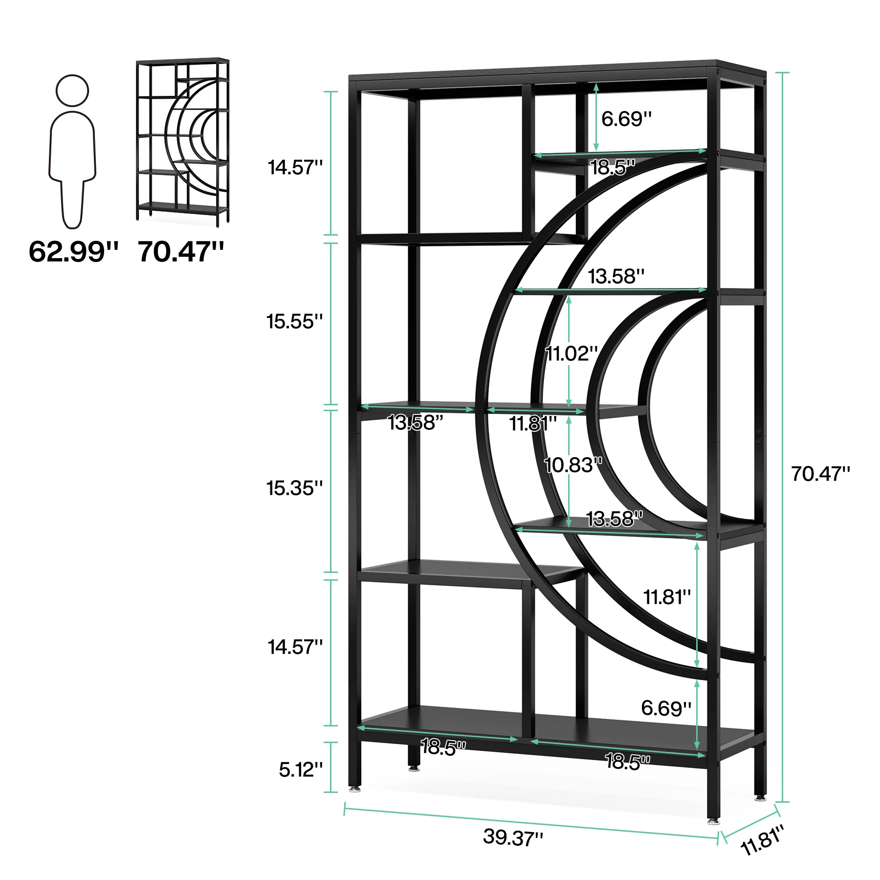 Tribesigns Bookshelf Industrial 5 Tier Etagere Bookcase, Freestanding Tall Bookshelves Display Shelf Storage Organizer