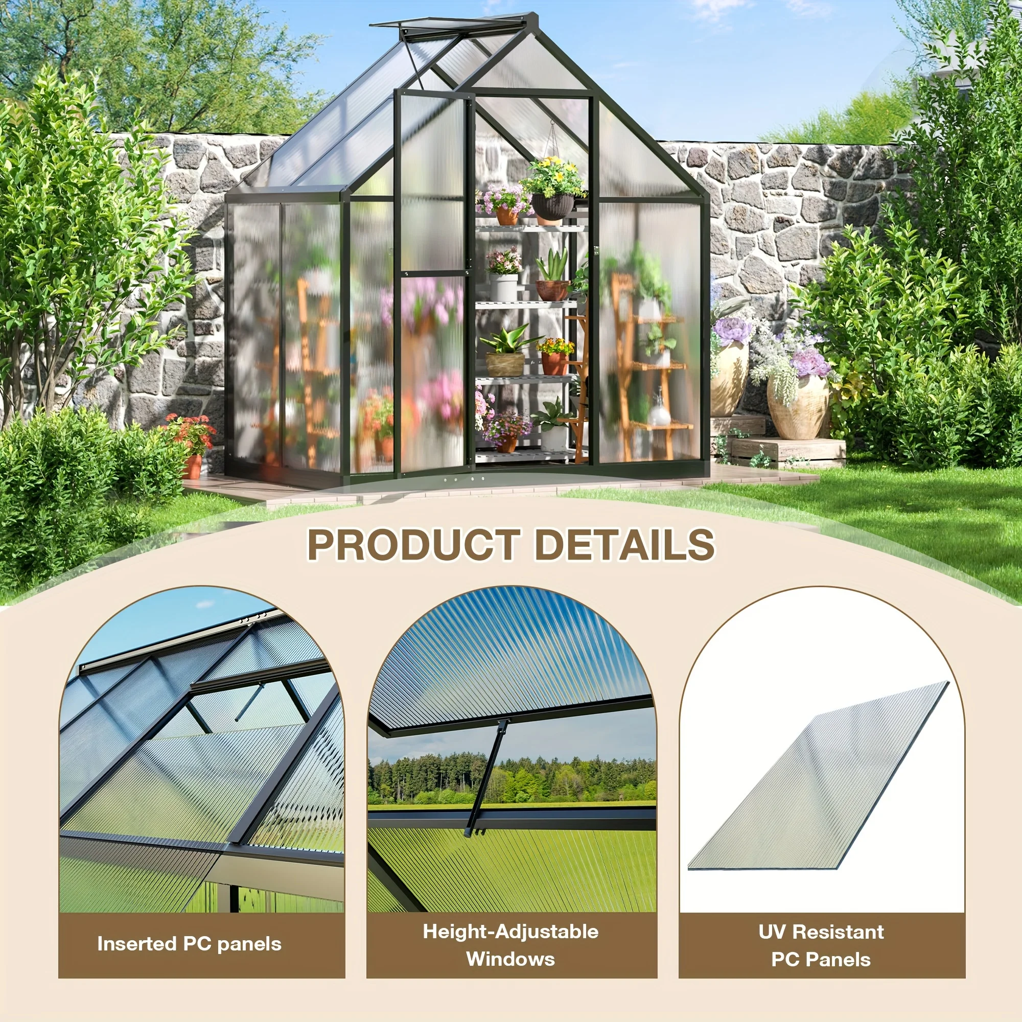 VIWAT 4x6~10x18FT Multi-Size Polycarbonate Greenhouse PC Panels Aluminum Frame Vent Roof UV Protection for Backyard Garden Patio