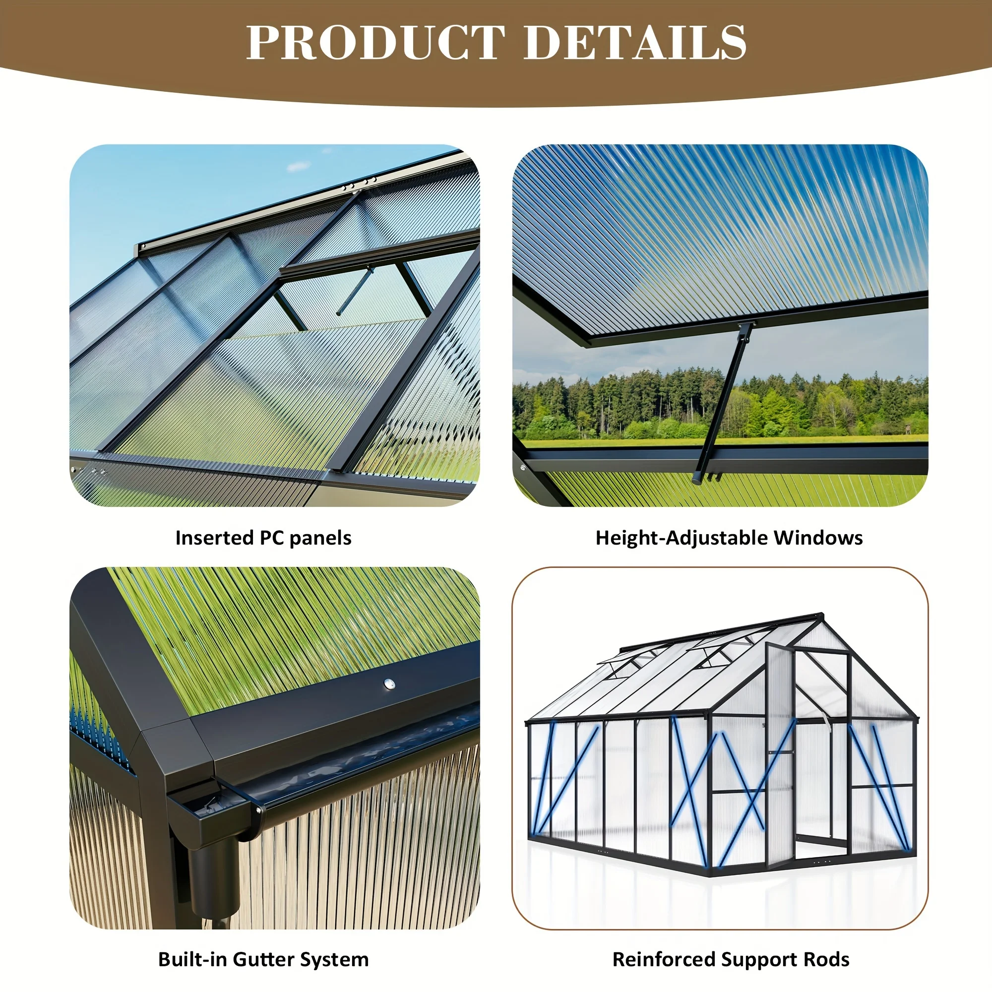 VIWAT 4x6~10x18FT Multi-Size Polycarbonate Greenhouse PC Panels Aluminum Frame Vent Roof UV Protection for Backyard Garden Patio