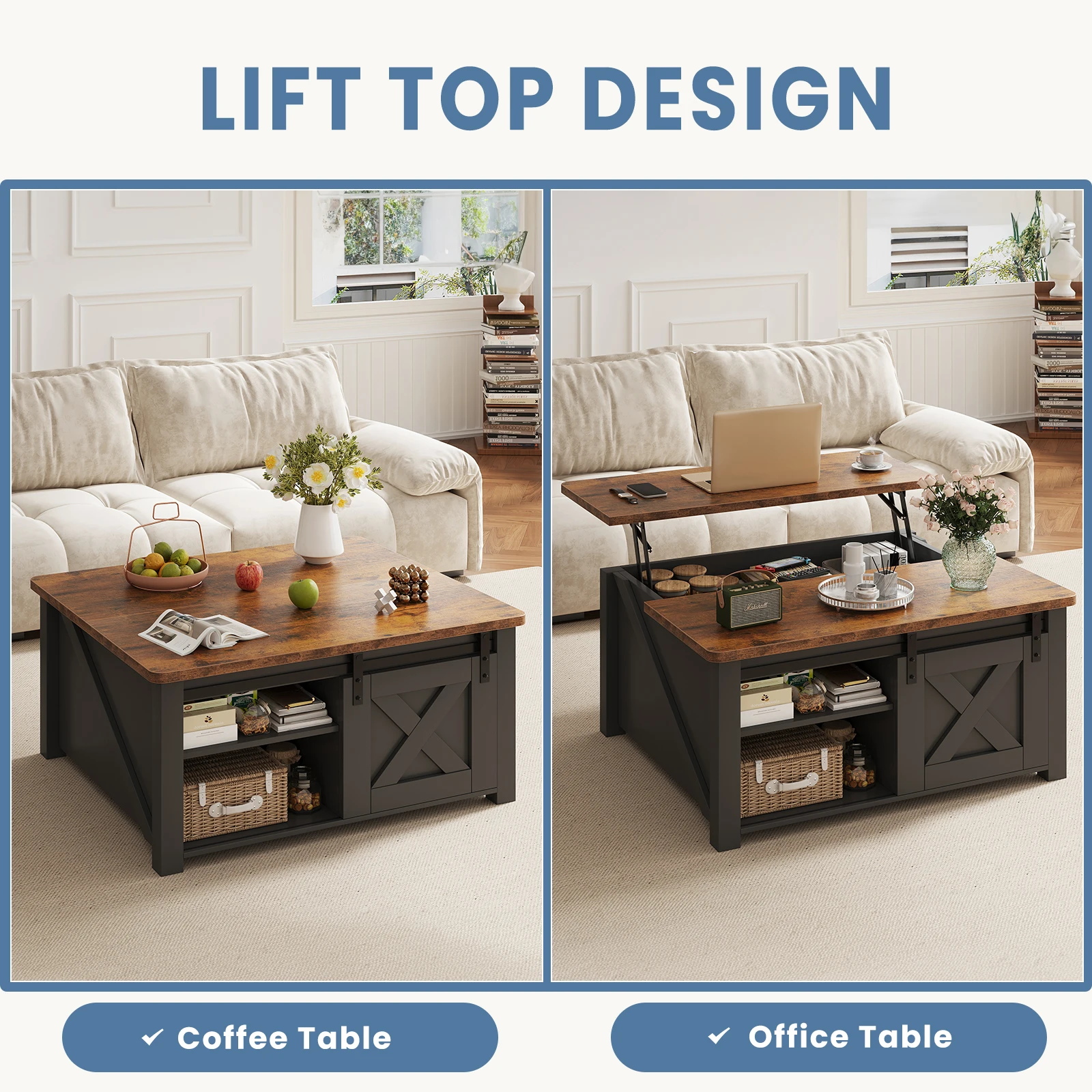 MCQ 31.5IN Wood Lift Top Coffee Tables Square Living Room Adjustable Storage Shelf Easy Lift Or Lower For Tea Dining Tables